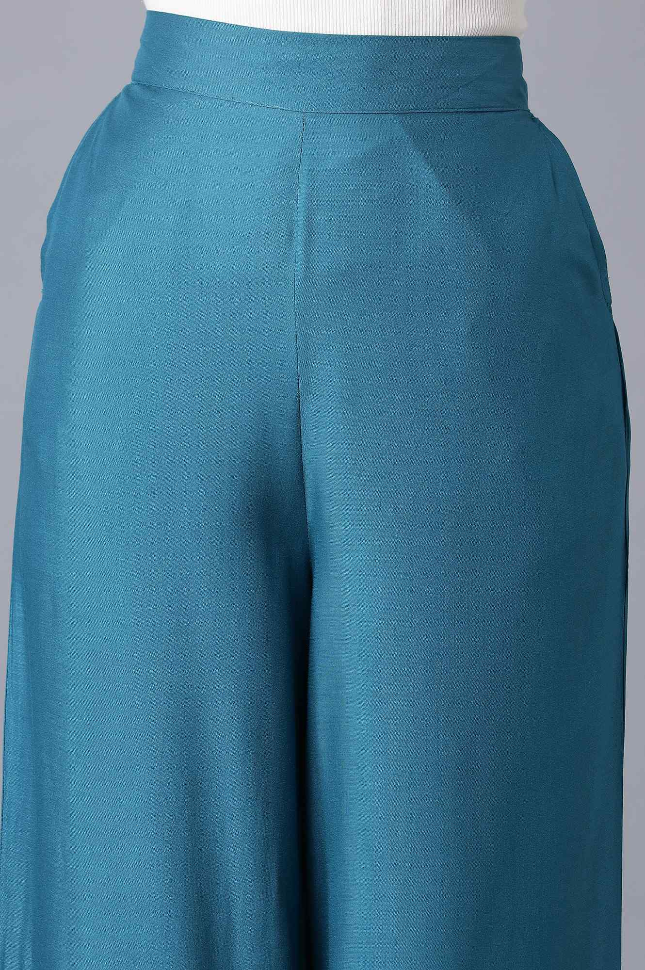 Blue Solid Wide Leg Tencel Palazzo With Elasticated Waist - Image 6