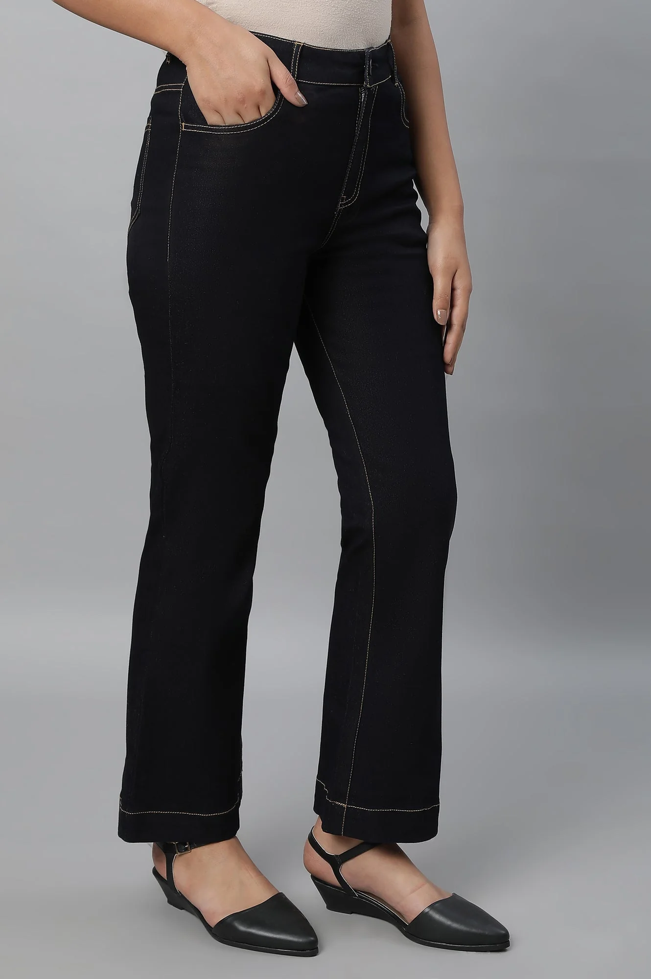 Blue Solid Boot-cut Denim Jeans with Front Zip - Image 4