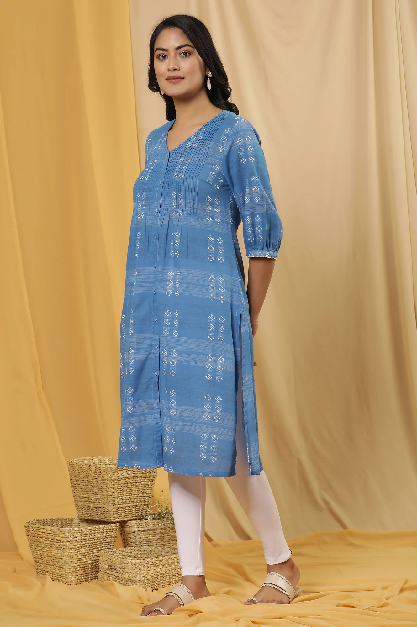 Blue Cotton Dobby A-Line Kurta And Tights Set - Image 3