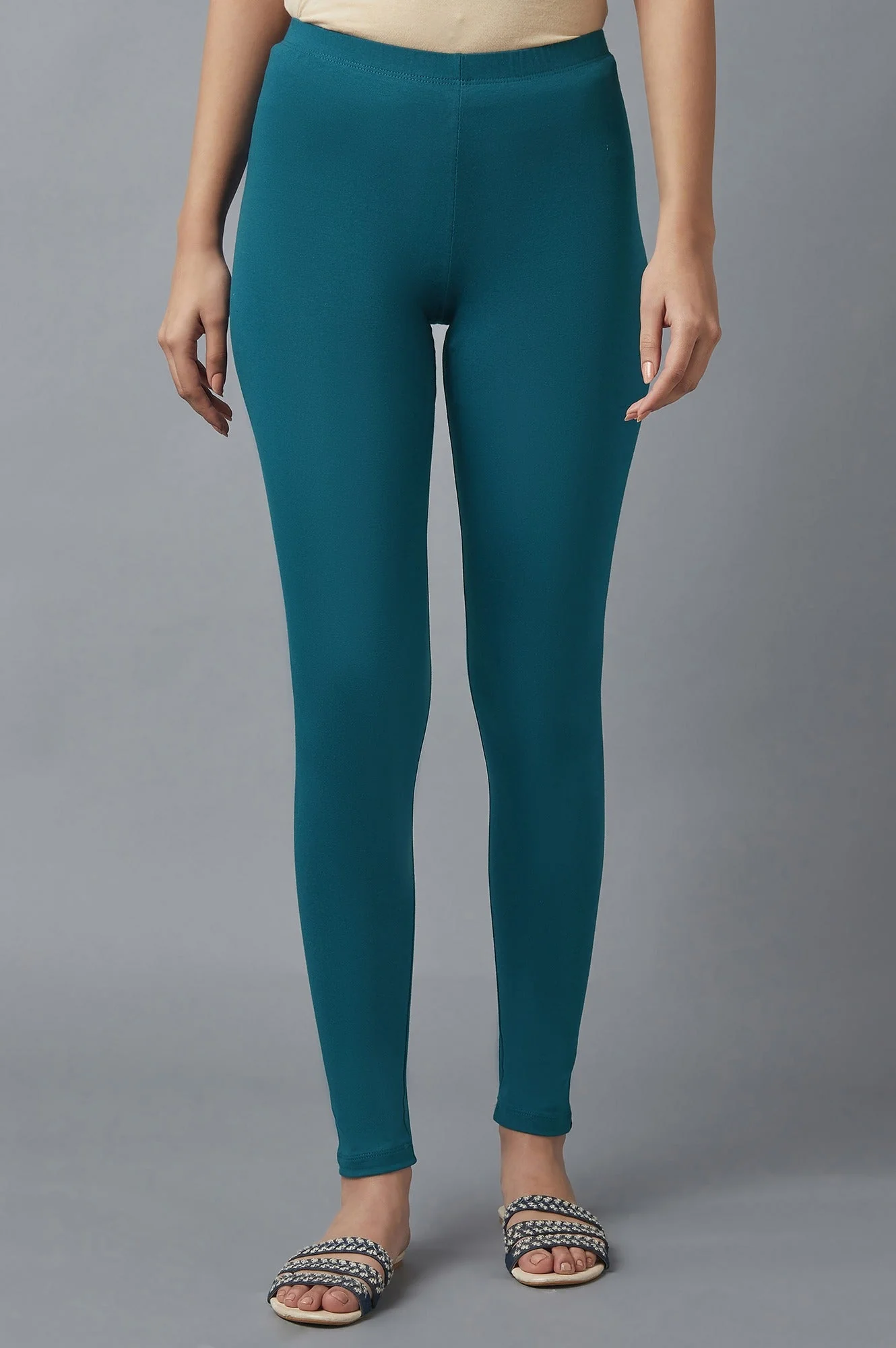 Teal Solid Skinny Fit Cotton Tights With Elasticated Waist