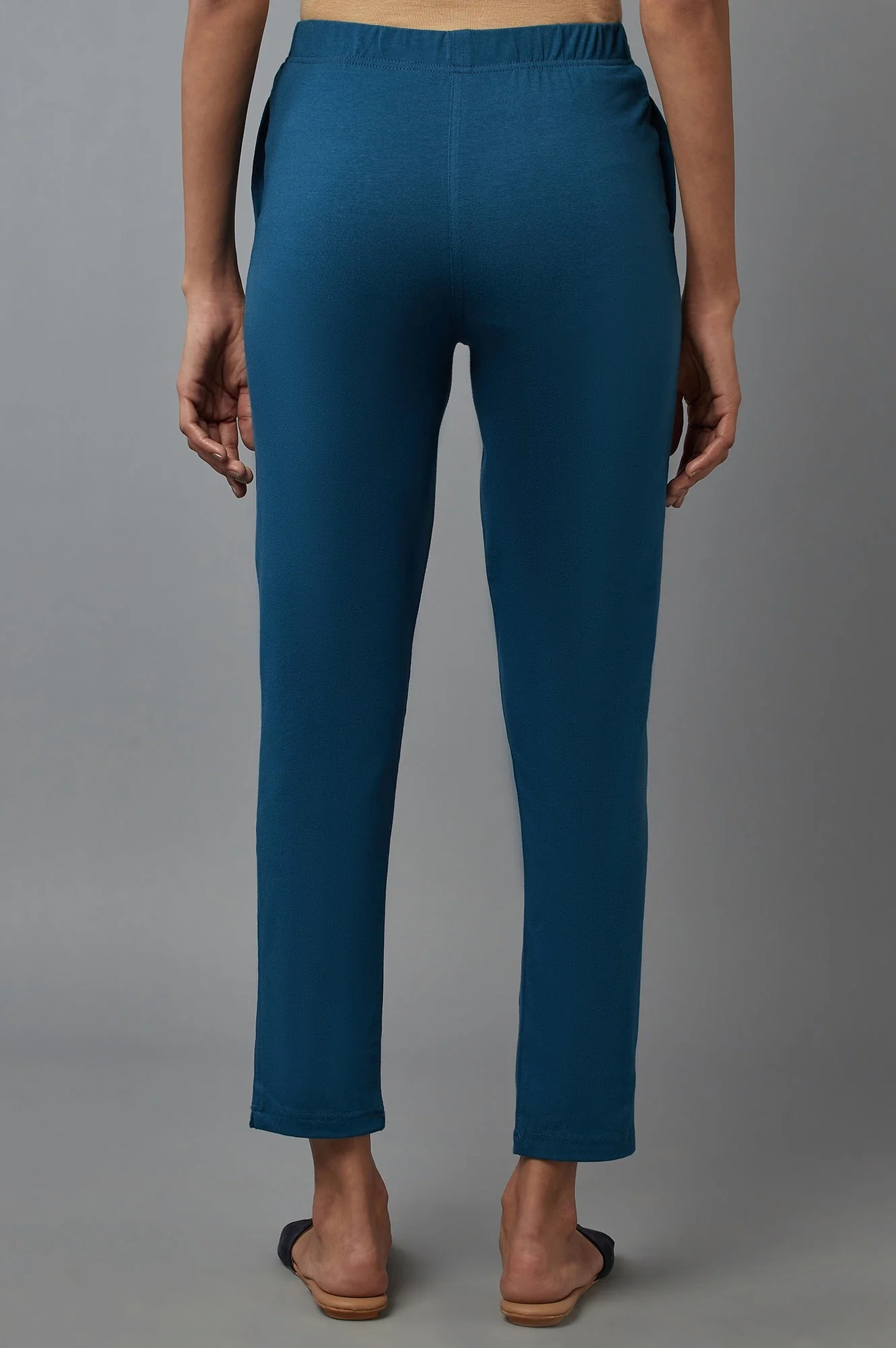 Blue Solid Flared Cotton Pants With Elasticated Waist - Image 2