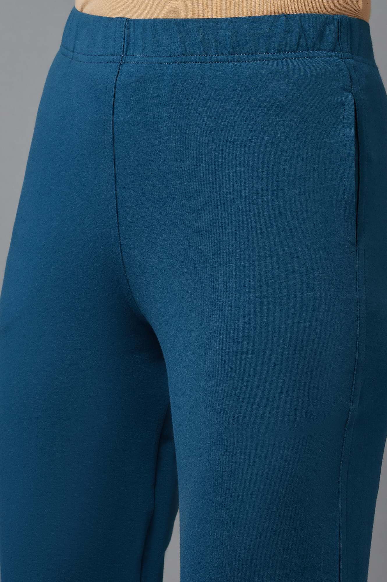 Blue Solid Flared Cotton Pants With Elasticated Waist - Image 6