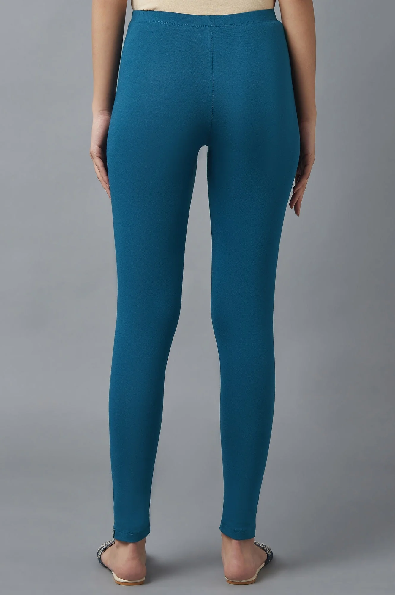 Blue Solid Skinny Fit Cotton Tights With Elasticated Waist - Image 2