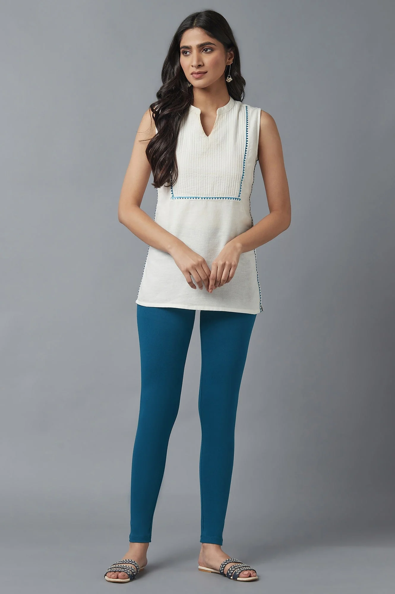 Blue Solid Skinny Fit Cotton Tights With Elasticated Waist - Image 5