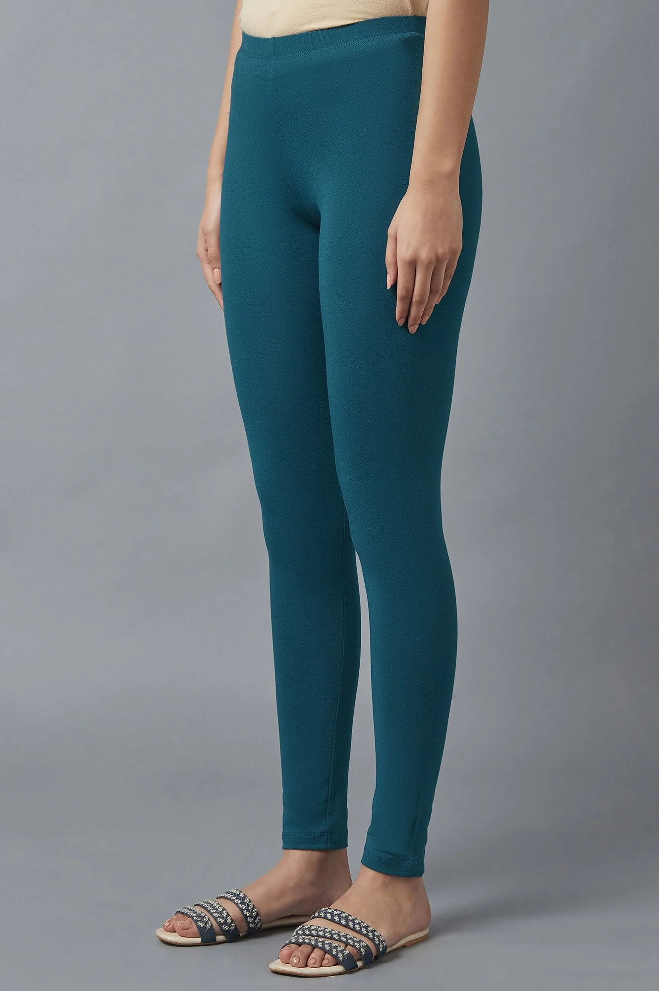 Navy Blue Solid Skinny Fit Cotton Tights With Elasticated Waist - Image 3