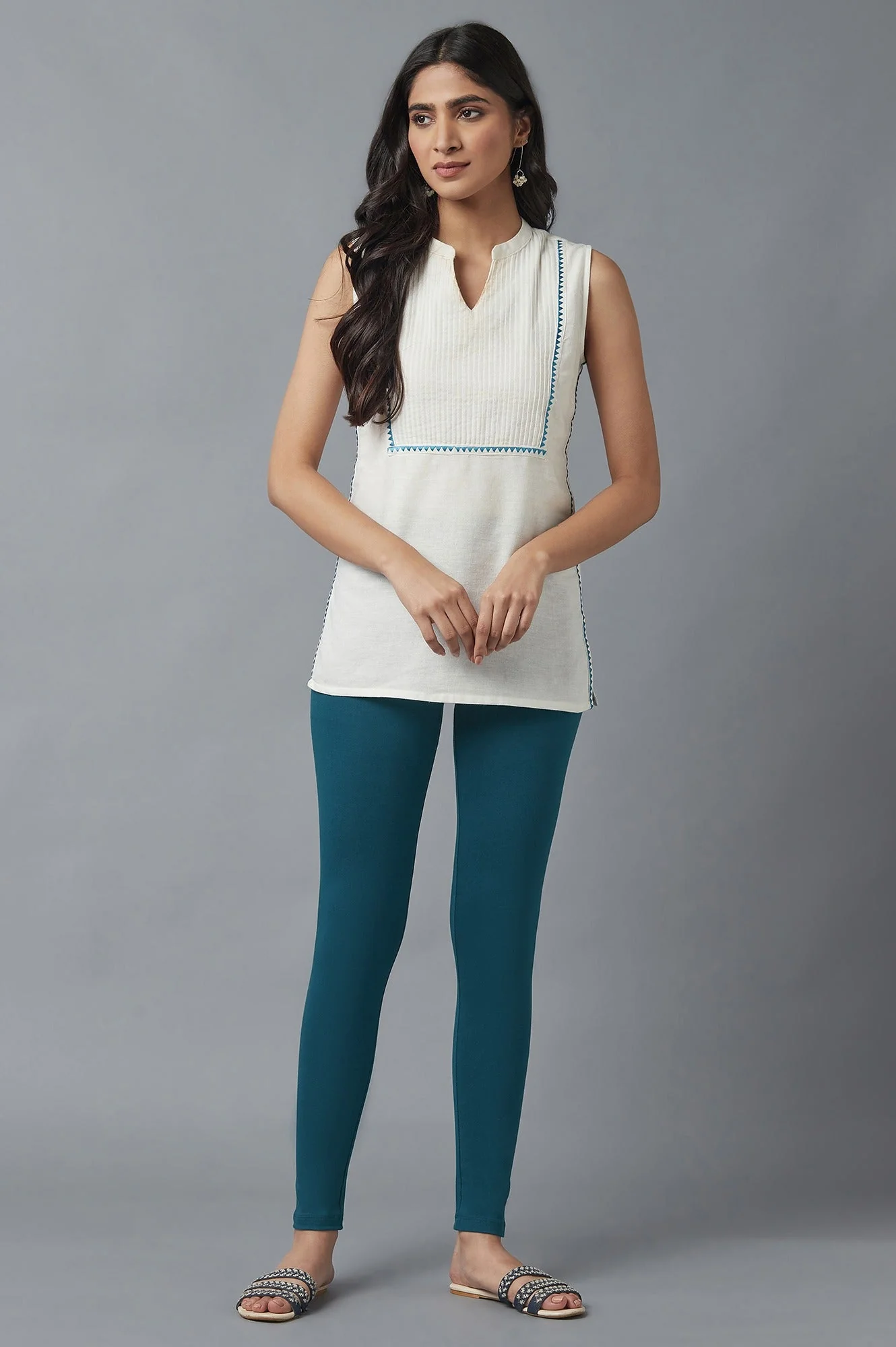 Navy Blue Solid Skinny Fit Cotton Tights With Elasticated Waist - Image 5