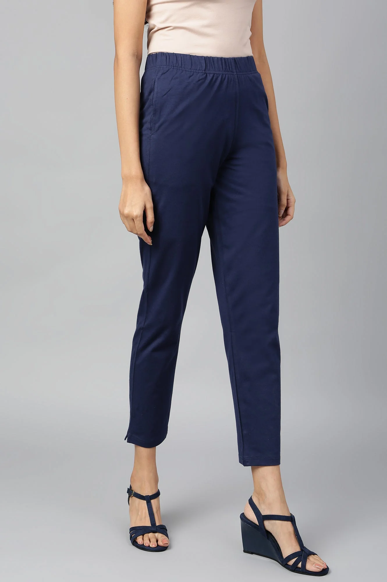 Navy Blue Solid Flared Cotton Pants With Elasticated Waist - Image 5