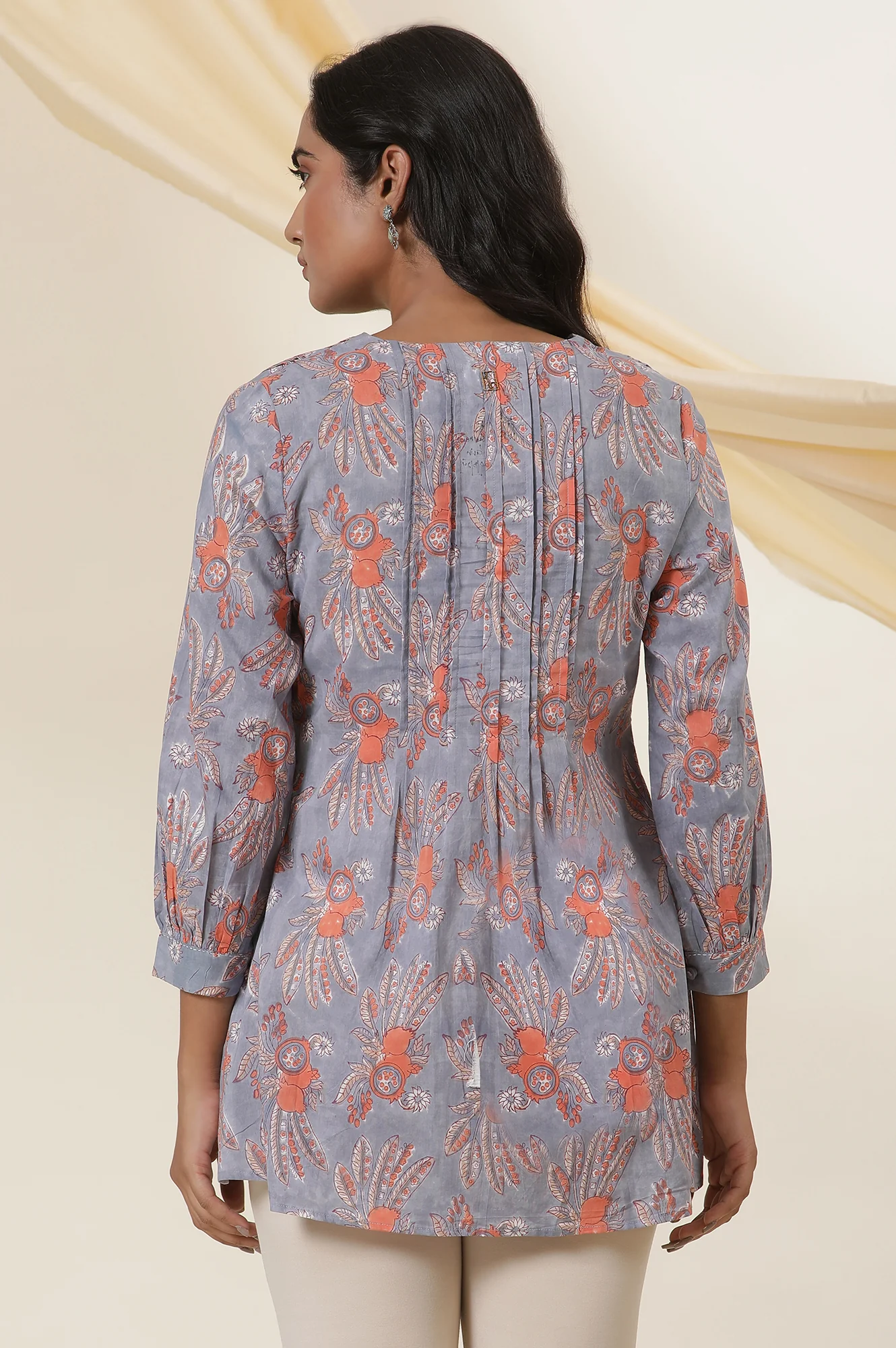 Blue Cotton Multi-Coloured Block Print Pleated Top - Image 3