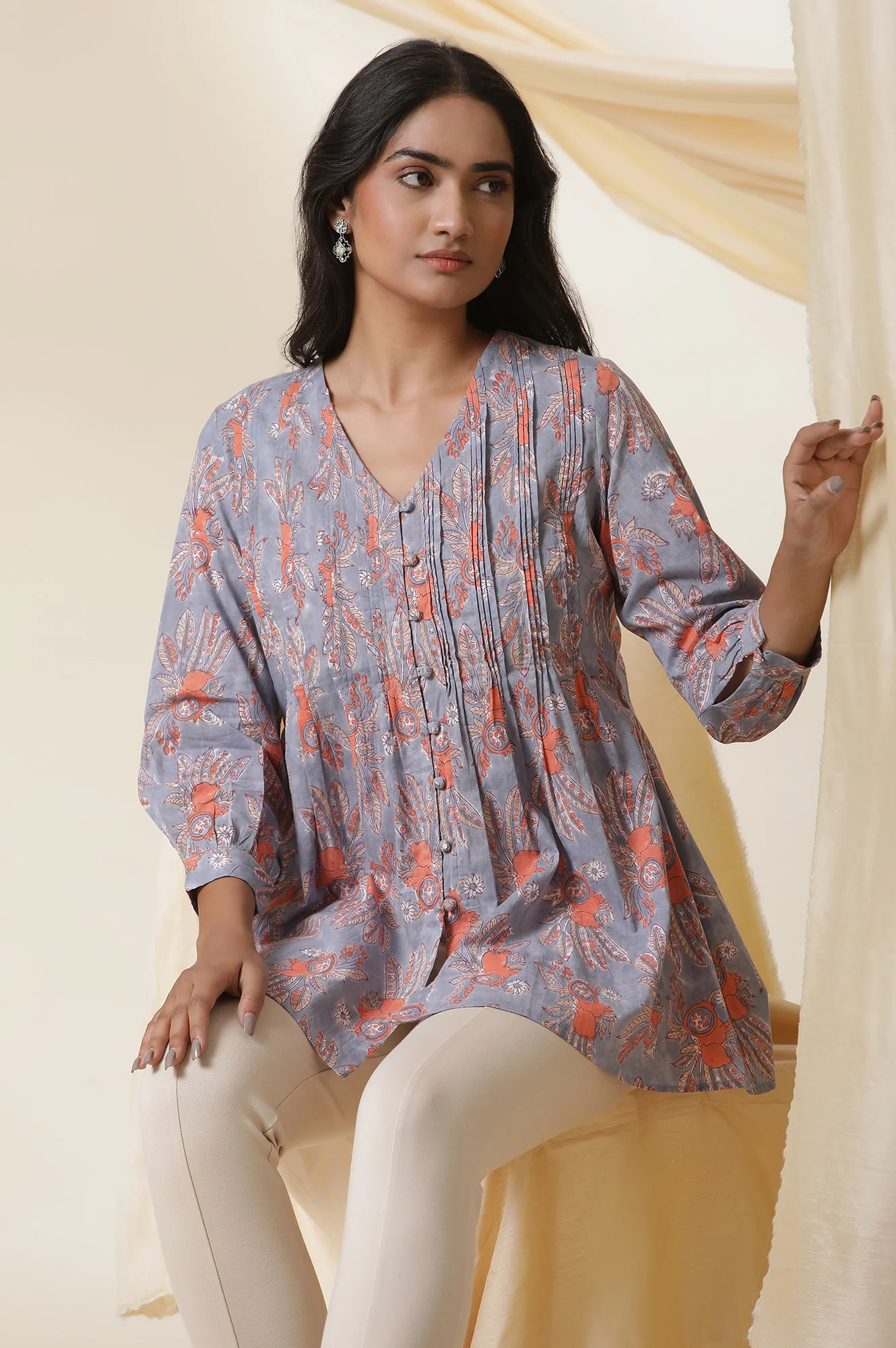Blue Cotton Multi-Coloured Block Print Pleated Top - Image 5