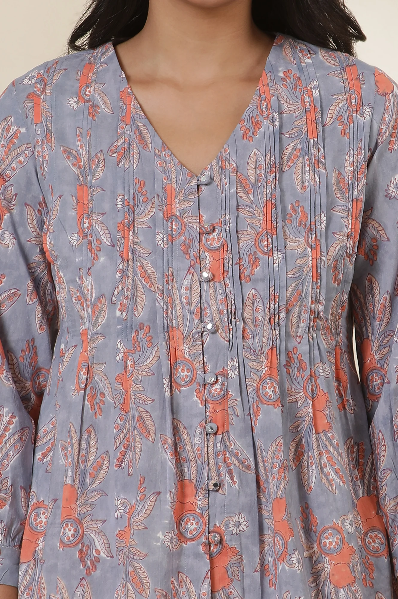 Blue Cotton Multi-Coloured Block Print Pleated Top - Image 6