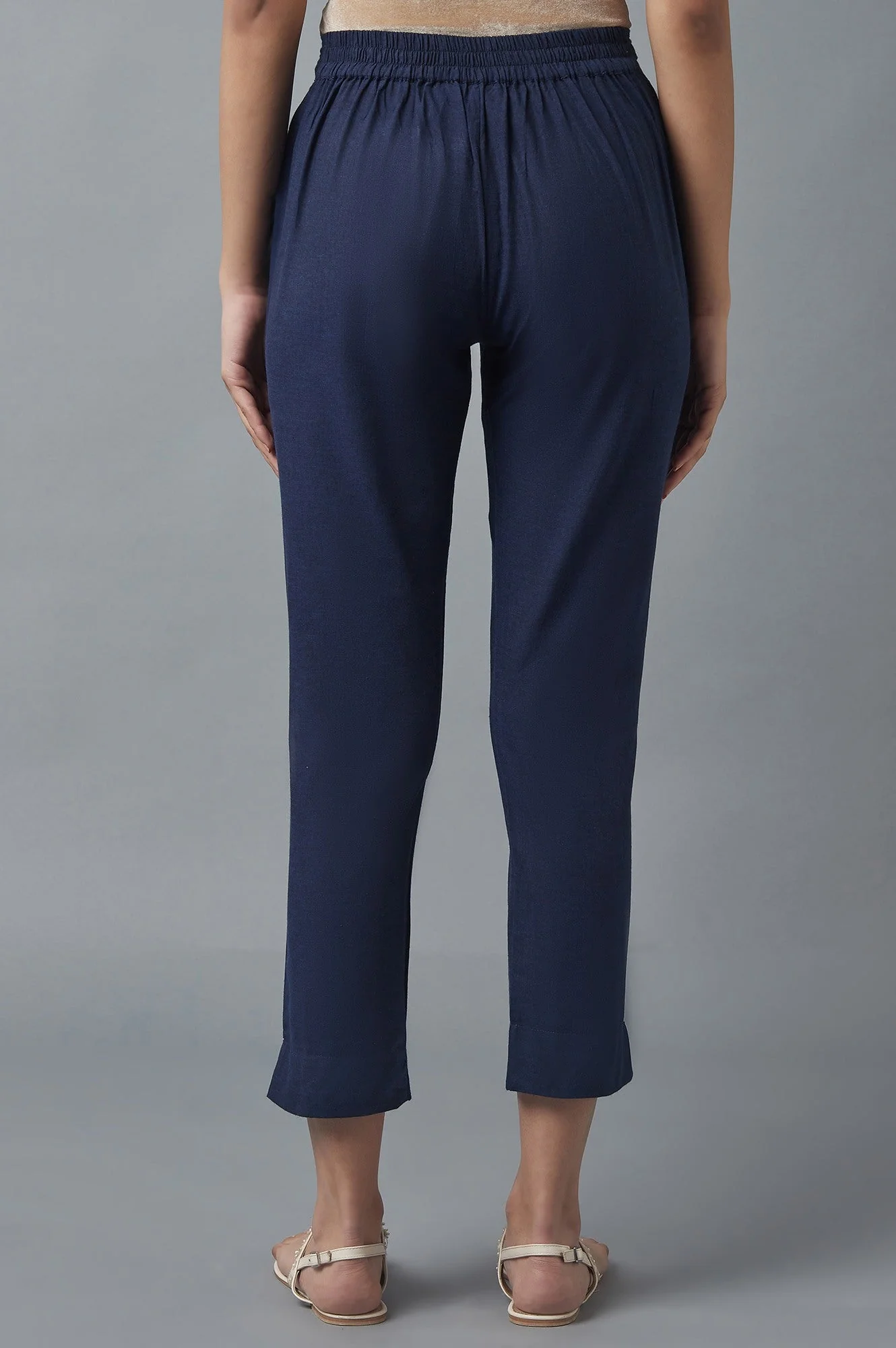 Navy Blue Solid Straight Fit Cotton Pants With Elasticated Waistband - Image 2