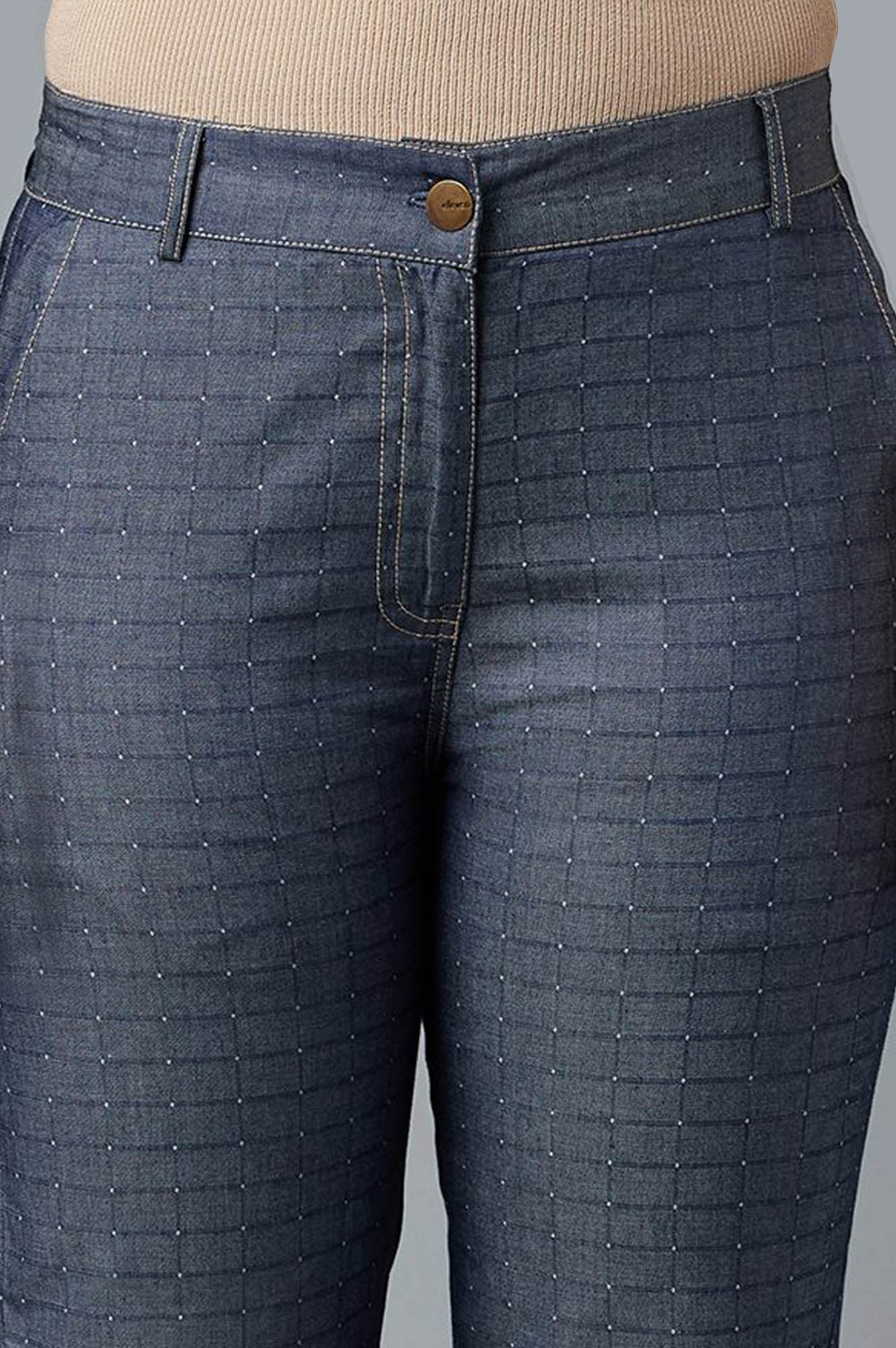 Blue Polka Dots Straight Fit Denim Culottes With Front Zip - Image 12
