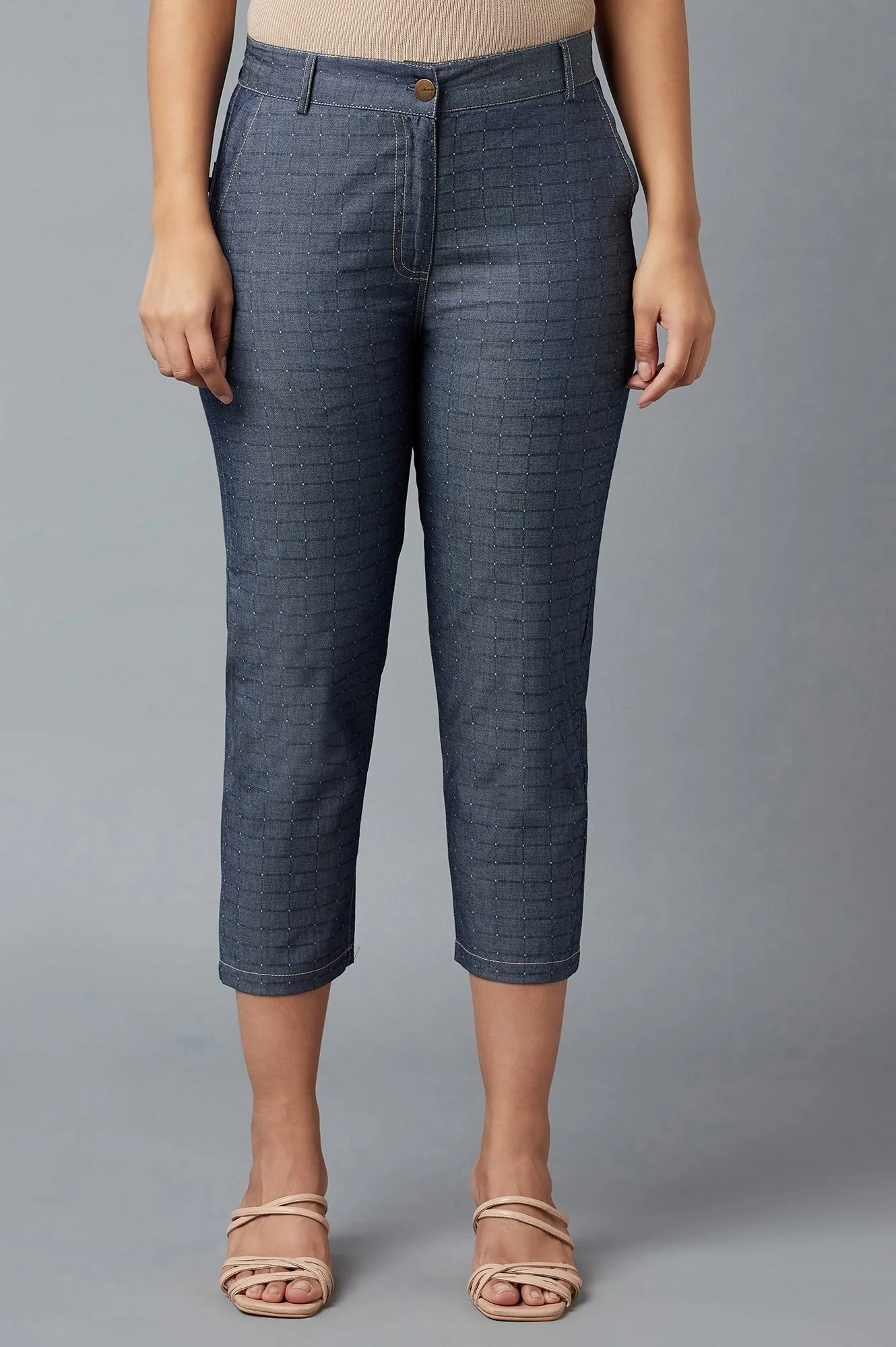 Blue Polka Dots Straight Fit Denim Culottes With Front Zip - Image 2