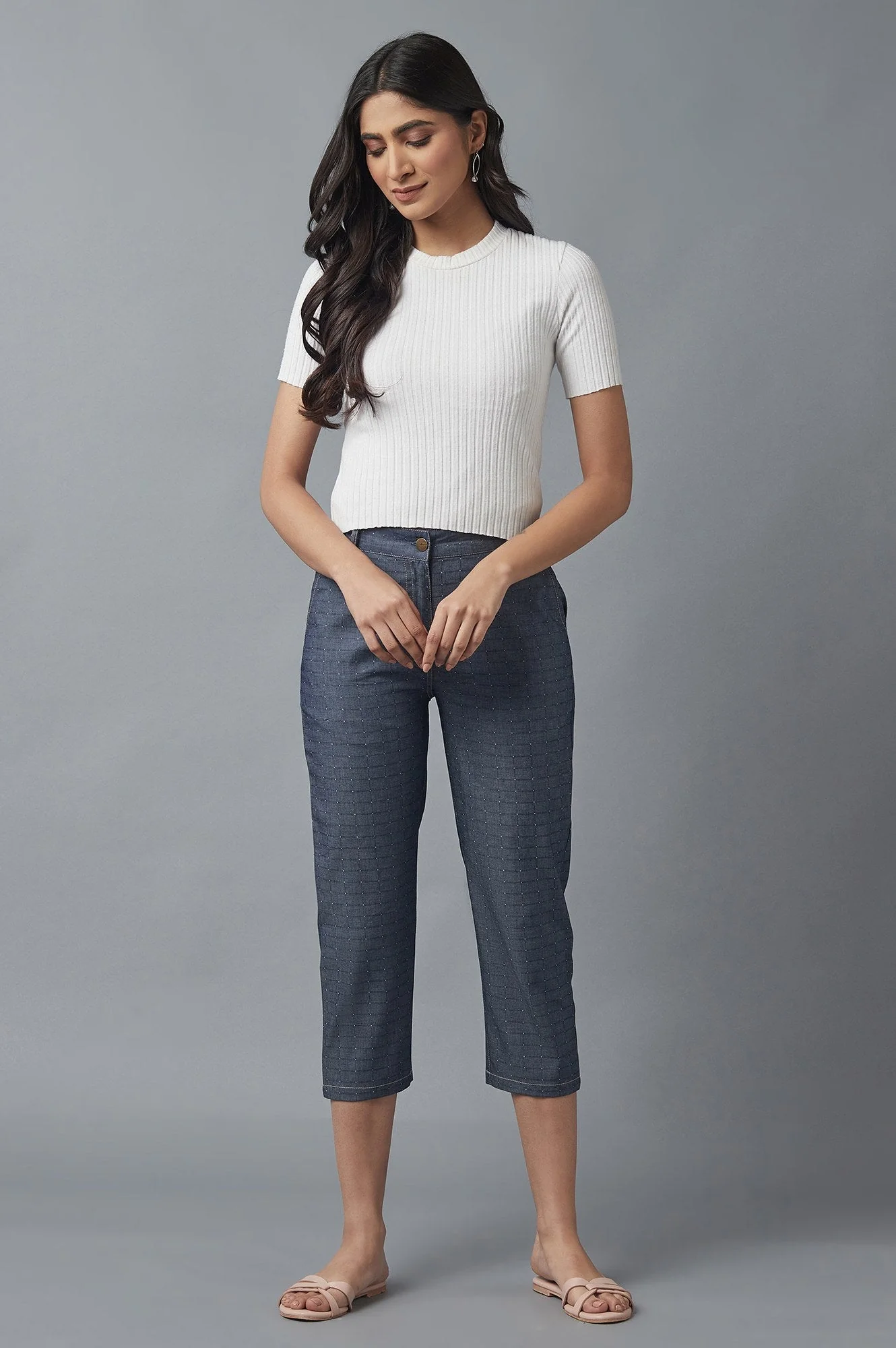 Blue Polka Dots Straight Fit Denim Culottes With Front Zip - Image 9