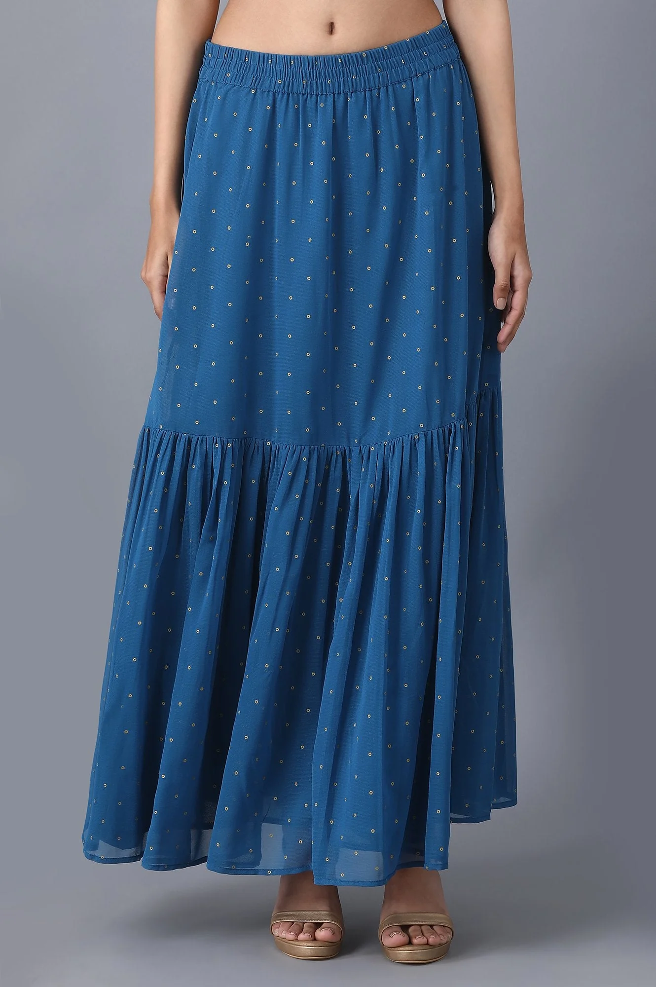 Blue Dot Printed Flared Woven Skirt With Elasticated Waist