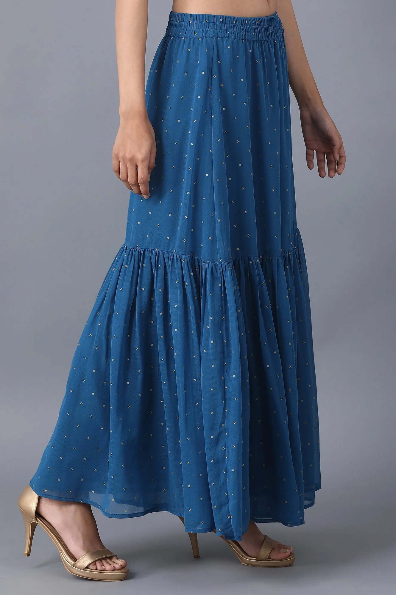 Blue Dot Printed Flared Woven Skirt With Elasticated Waist - Image 4