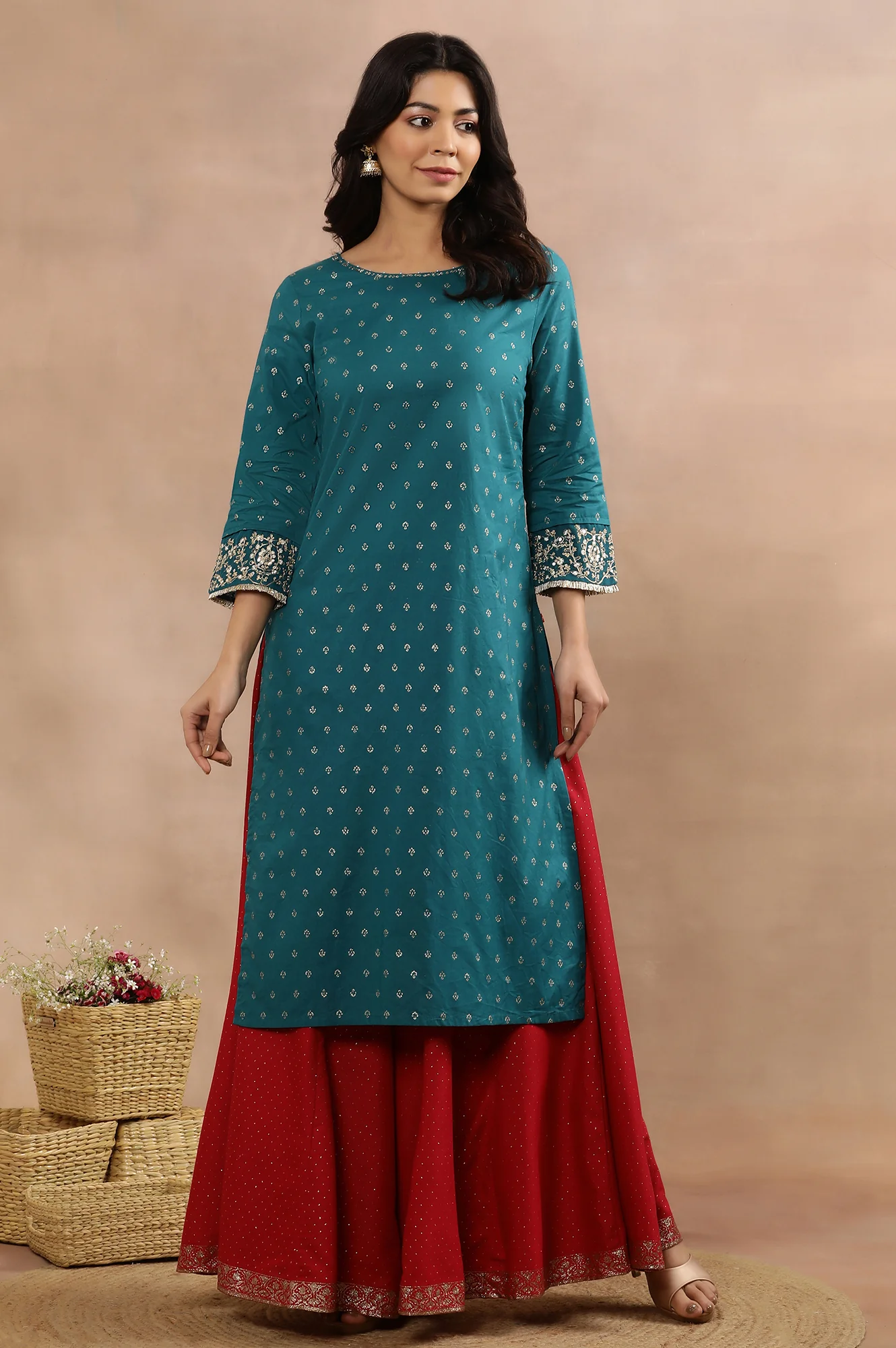 Blue Embellished Kurta And Glitter Printed Culottes - Image 2
