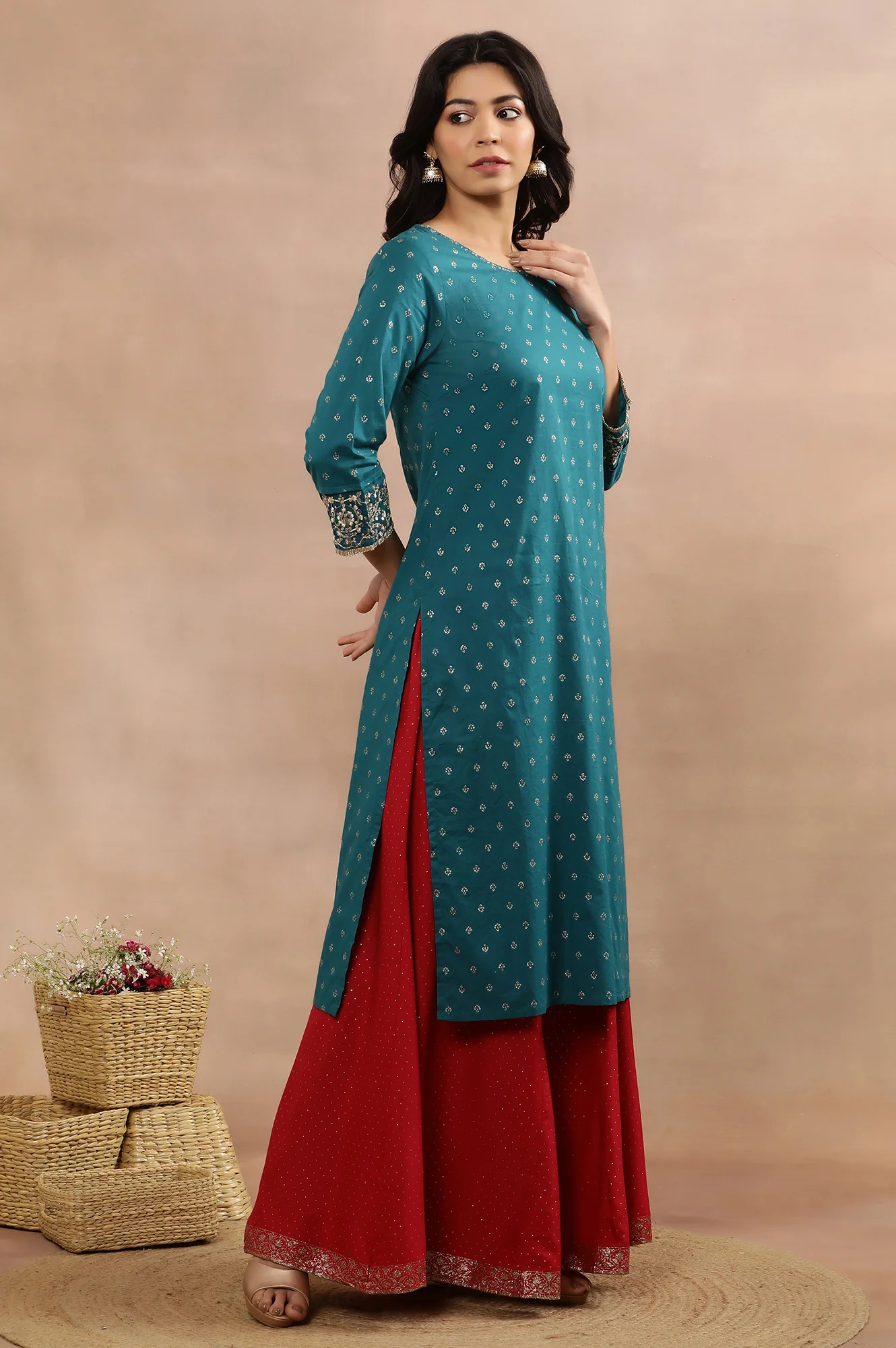 Blue Embellished Kurta And Glitter Printed Culottes - Image 5