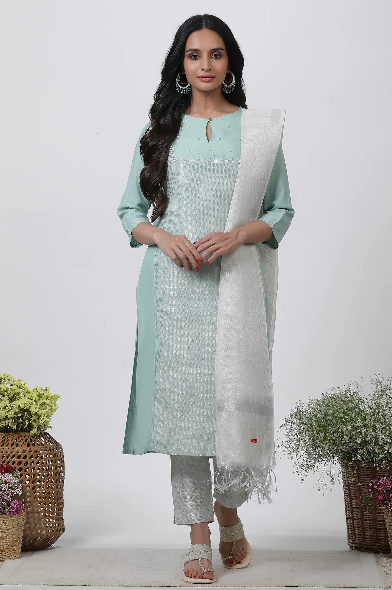 Blue Embellished Kurta, Pants And Dupatta Set - Image 2