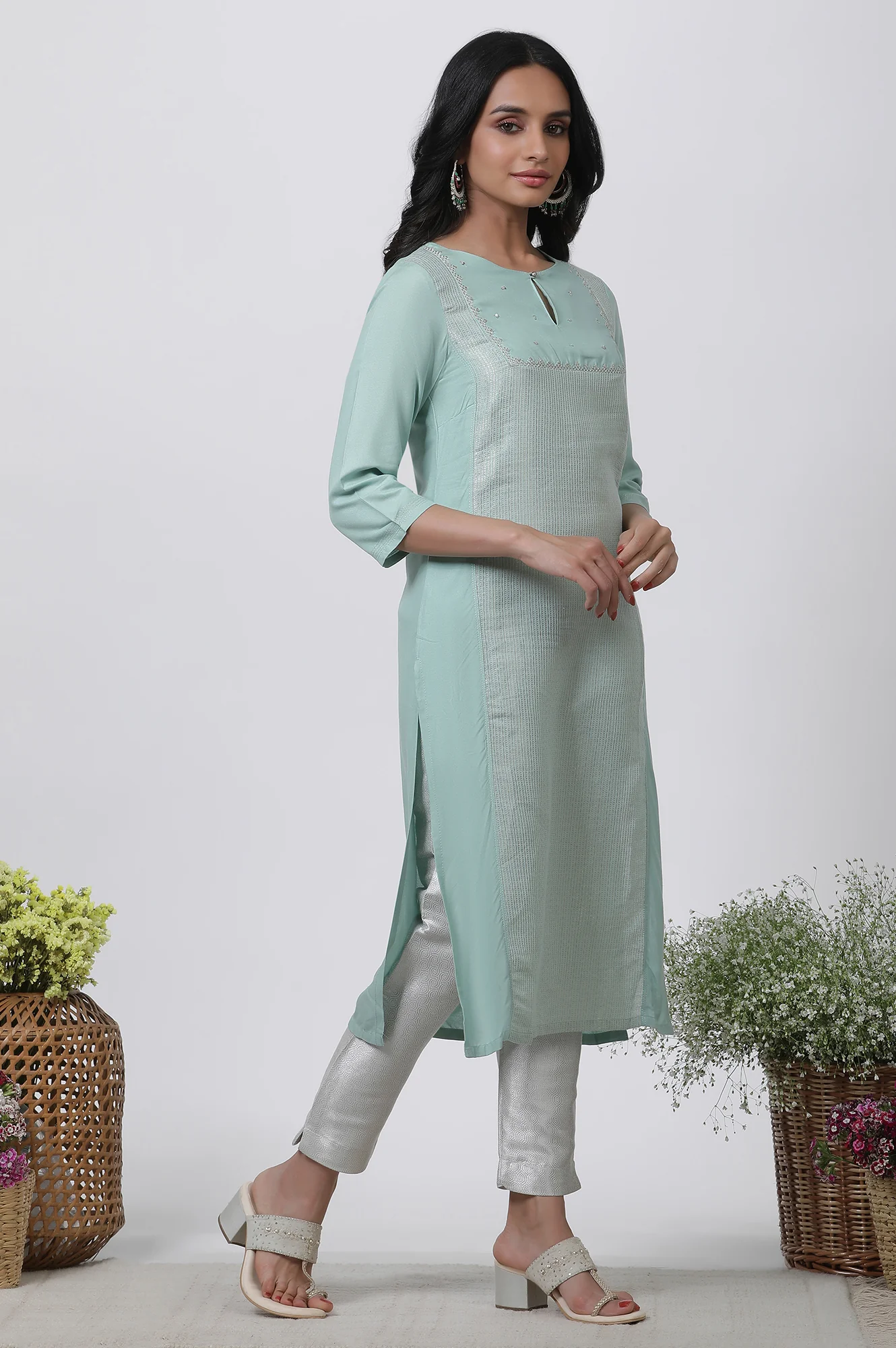 Blue Embellished Kurta, Pants And Dupatta Set - Image 5
