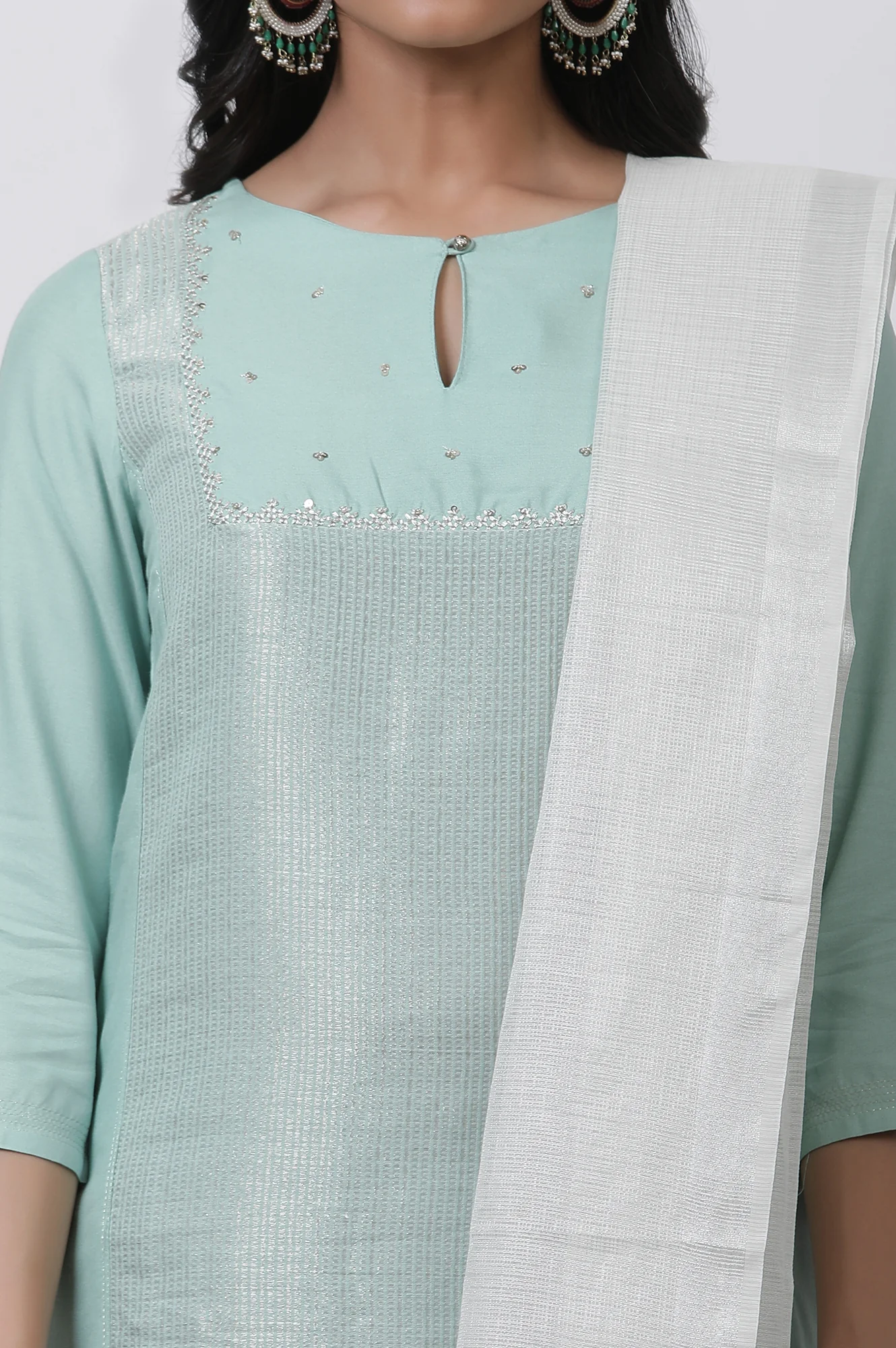 Blue Embellished Kurta, Pants And Dupatta Set - Image 6