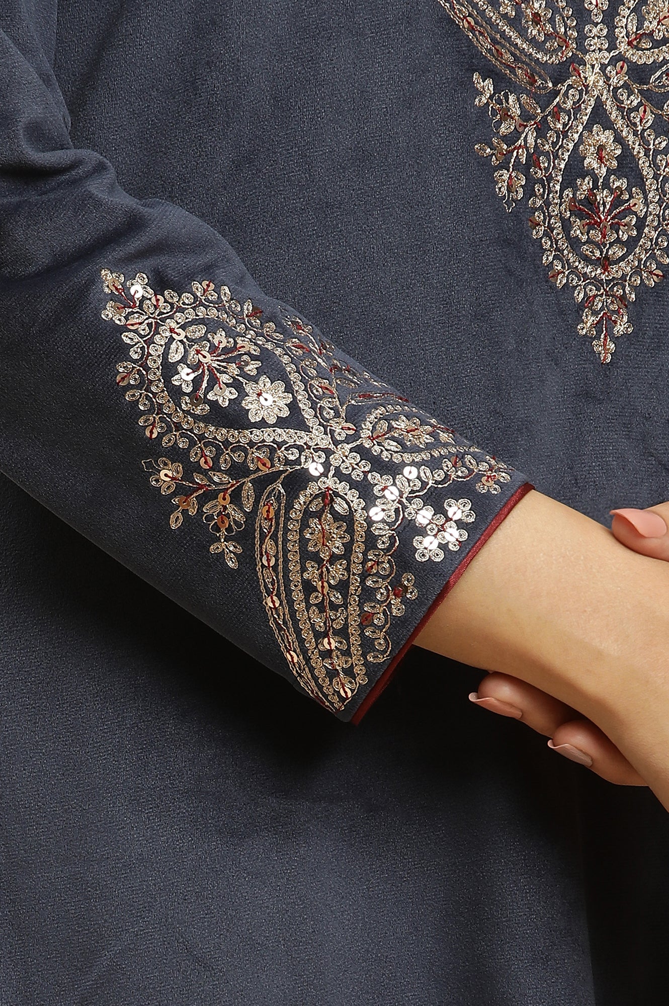 Blue Embroidered Flared Velvet Winter Kurta - Image 5