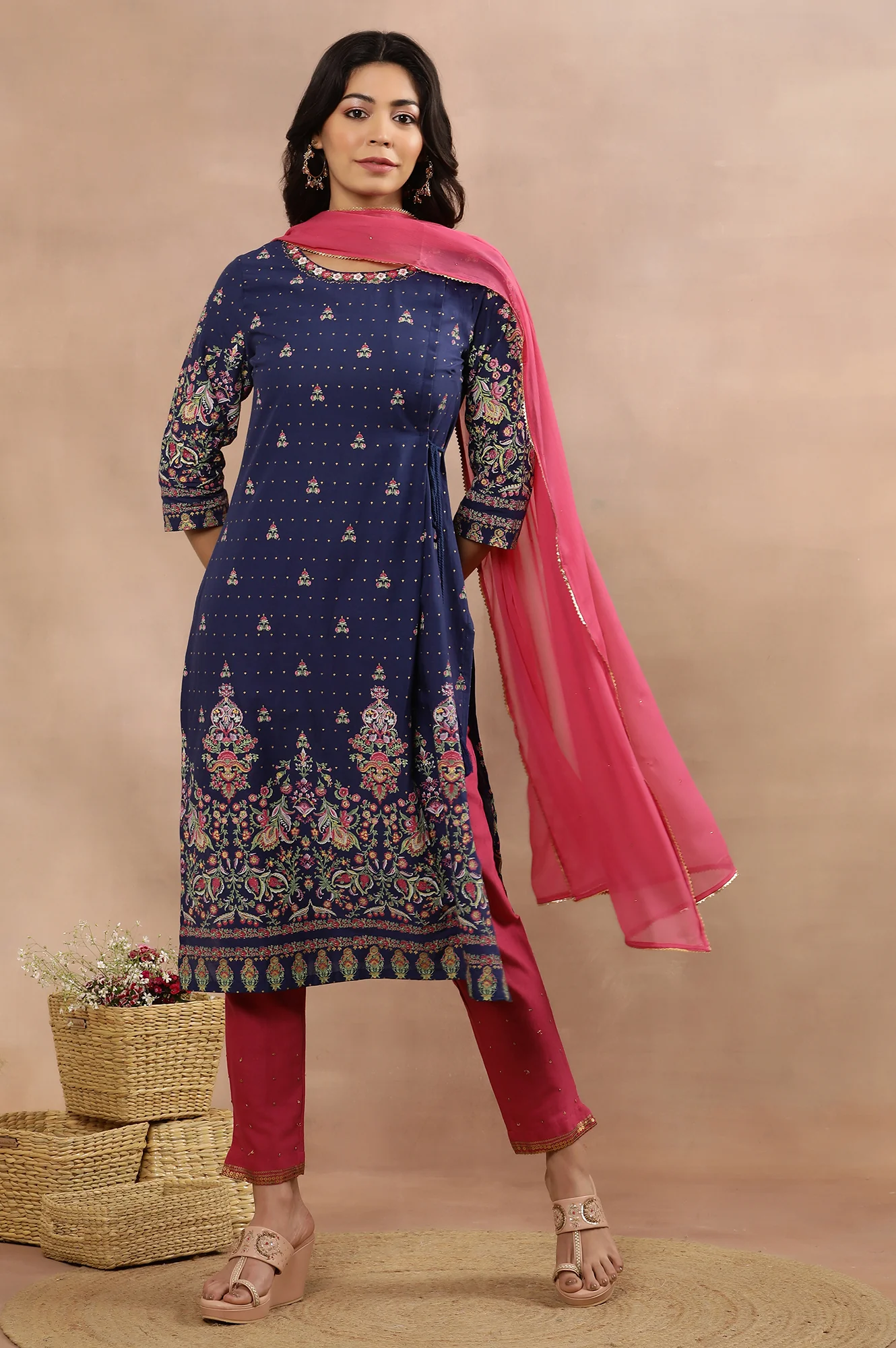 Blue Embroidered Kurta, Pants And Dupatta Set - Image 2