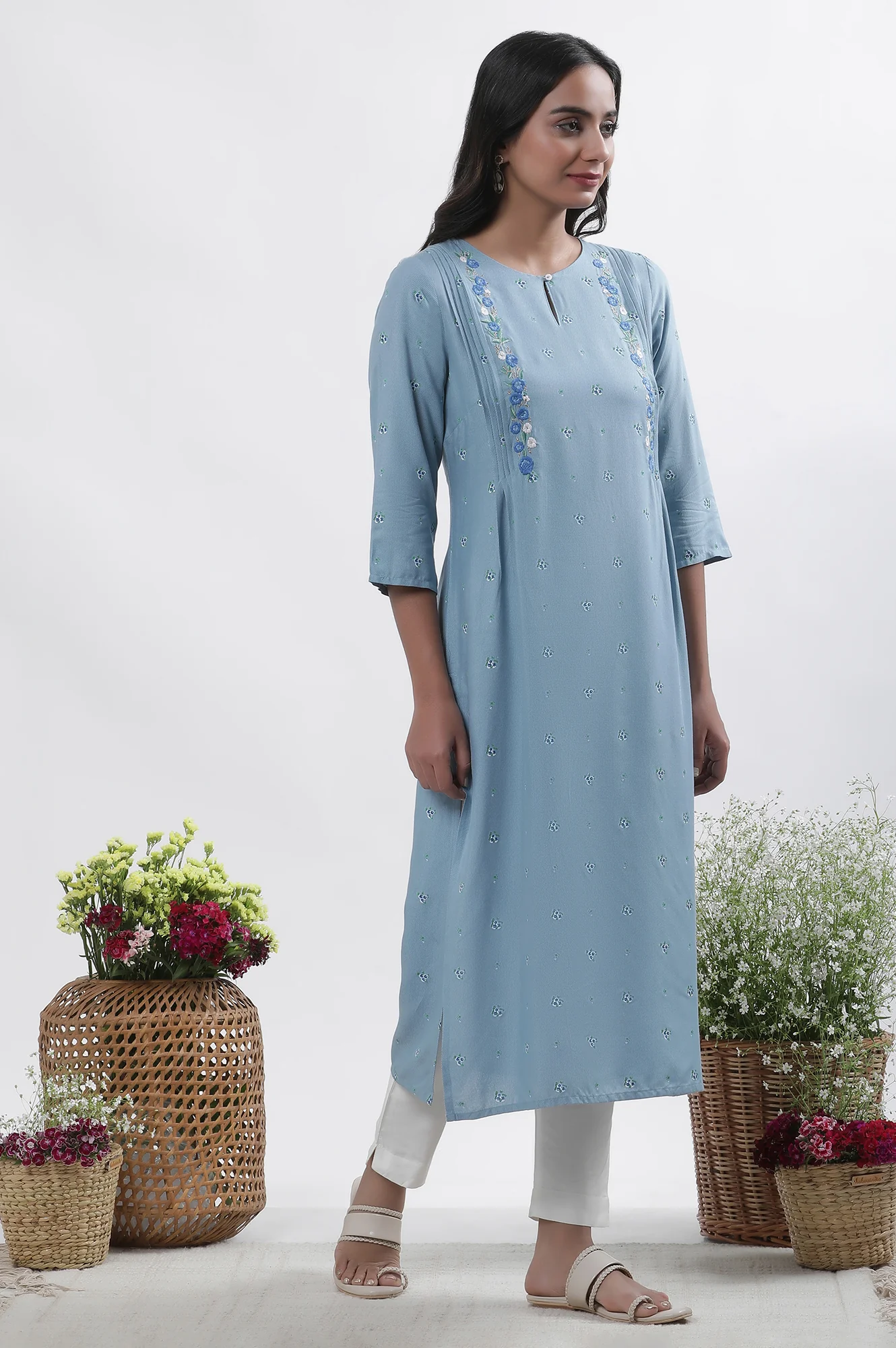 Blue Embroidered Kurta, Pants And Dupatta Set - Image 5