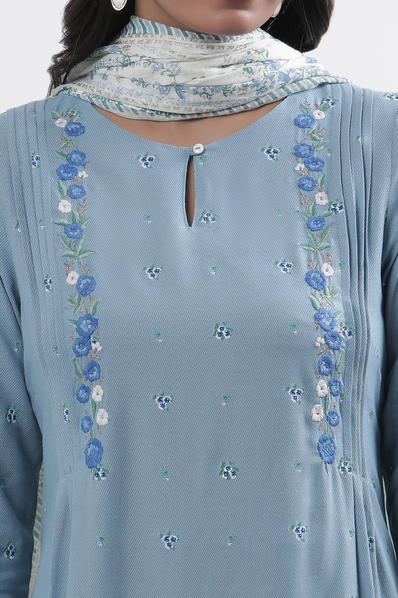 Blue Embroidered Kurta, Pants And Dupatta Set - Image 6