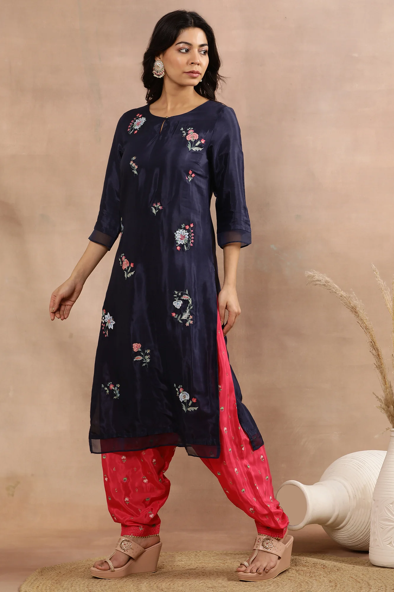 Blue Embroidered Kurta, Printed Salwar And Dupatta Set - Image 3