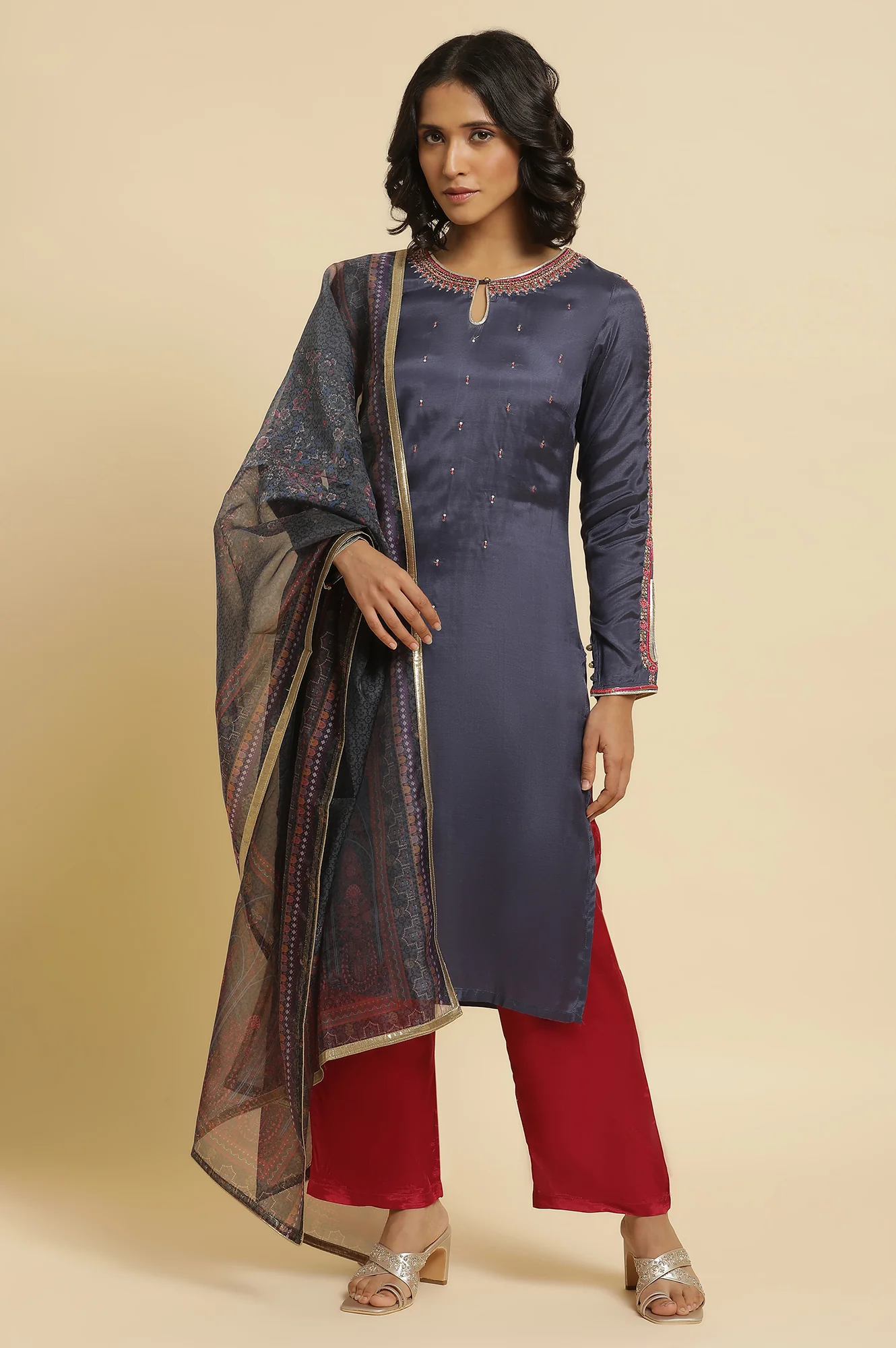 Blue Embroidered Kurta, Straight Pants & Dupatta Set - Image 2