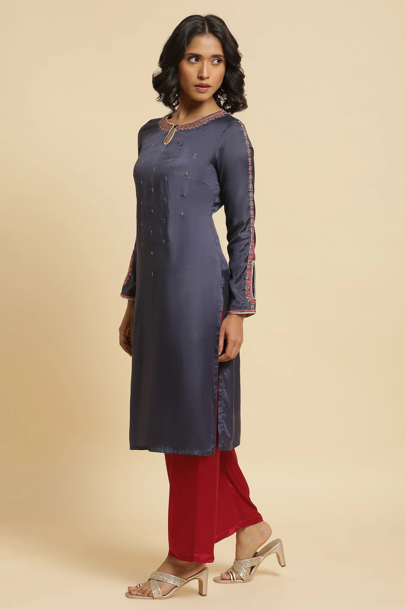 Blue Embroidered Kurta, Straight Pants & Dupatta Set - Image 3