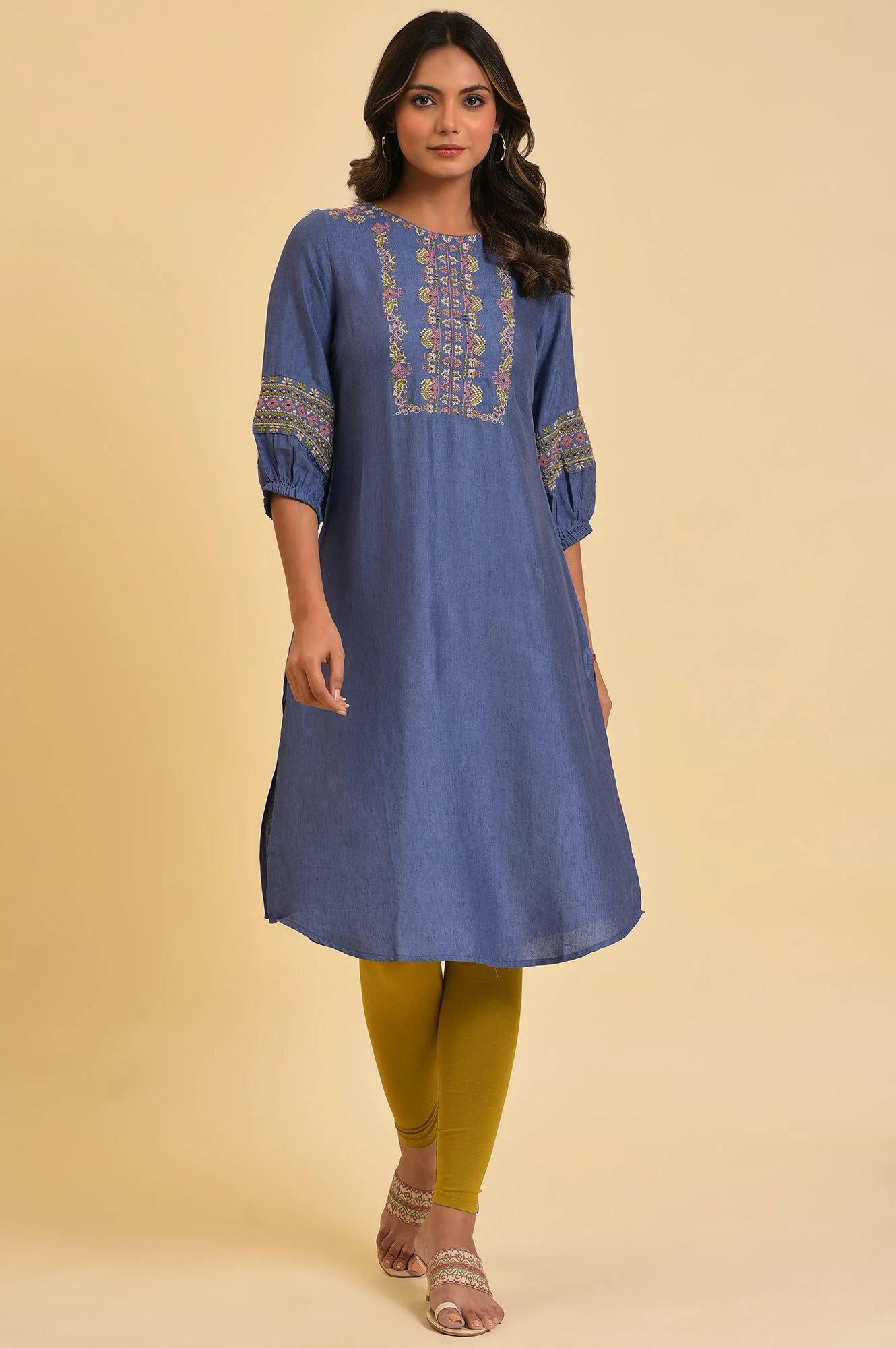 Blue Embroidered Straight kurta