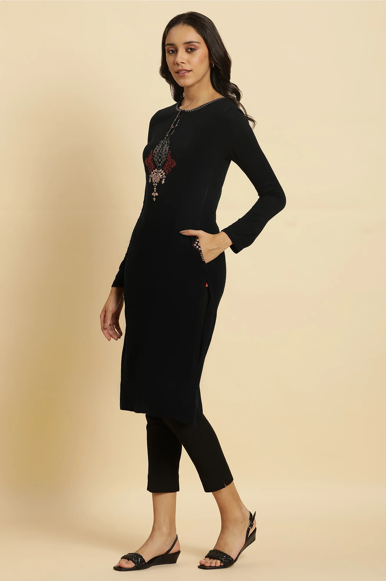 Blue Embroidered Winter Kurta - Image 3