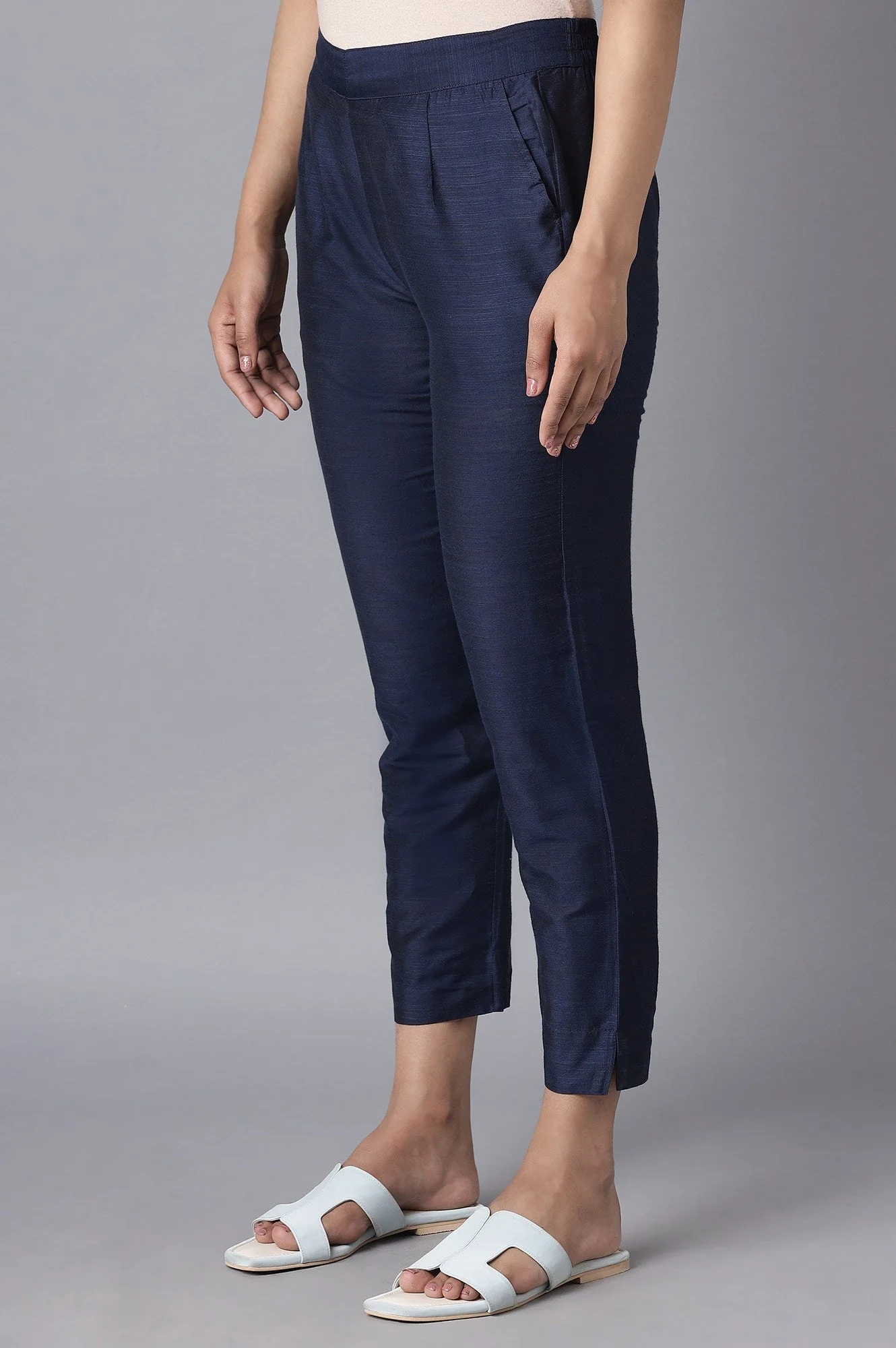 Navy Blue Solid Straight Fit Woven Trousers With Elasticated Waistband - Image 3