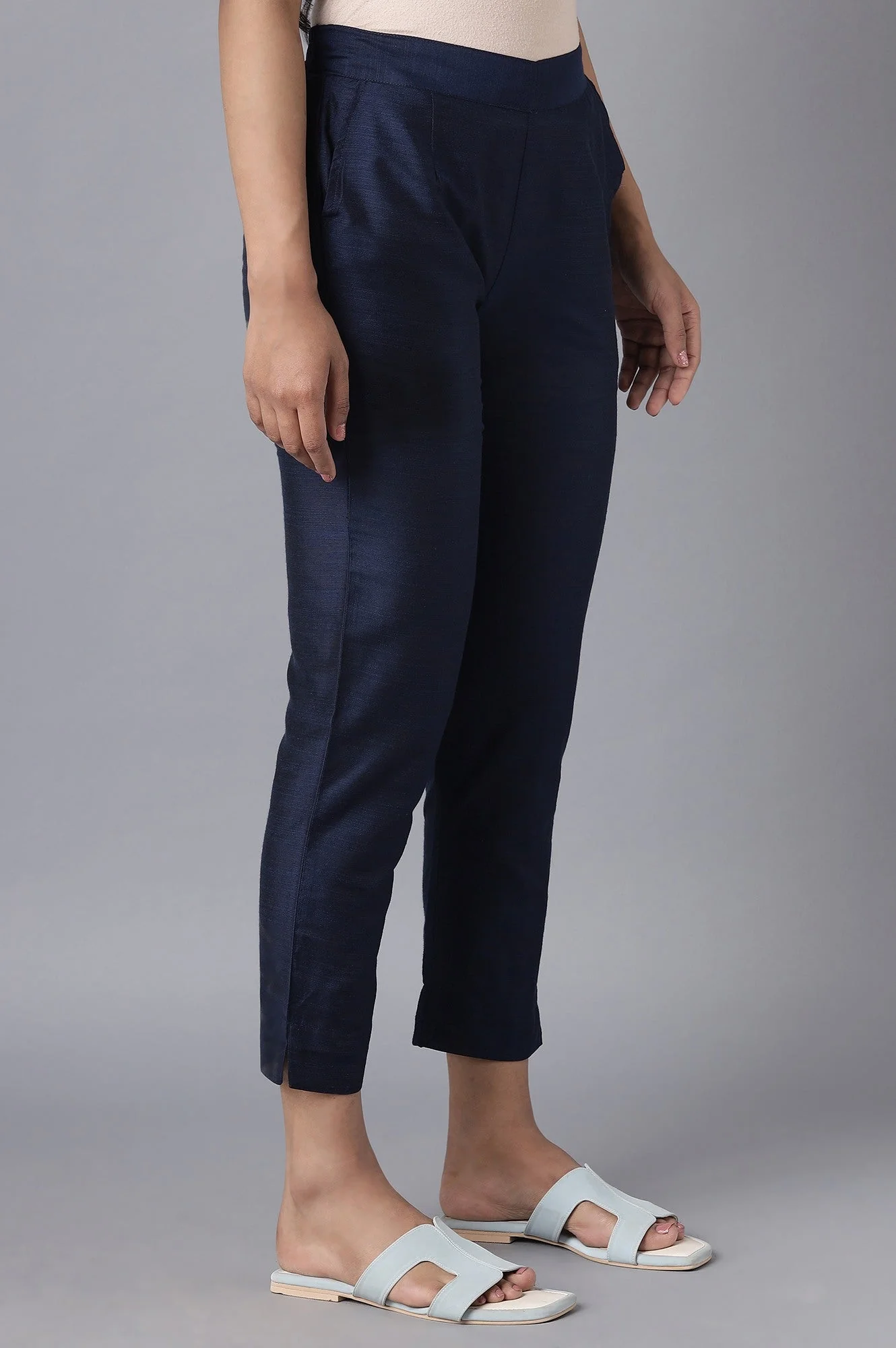 Navy Blue Solid Straight Fit Woven Trousers With Elasticated Waistband - Image 4