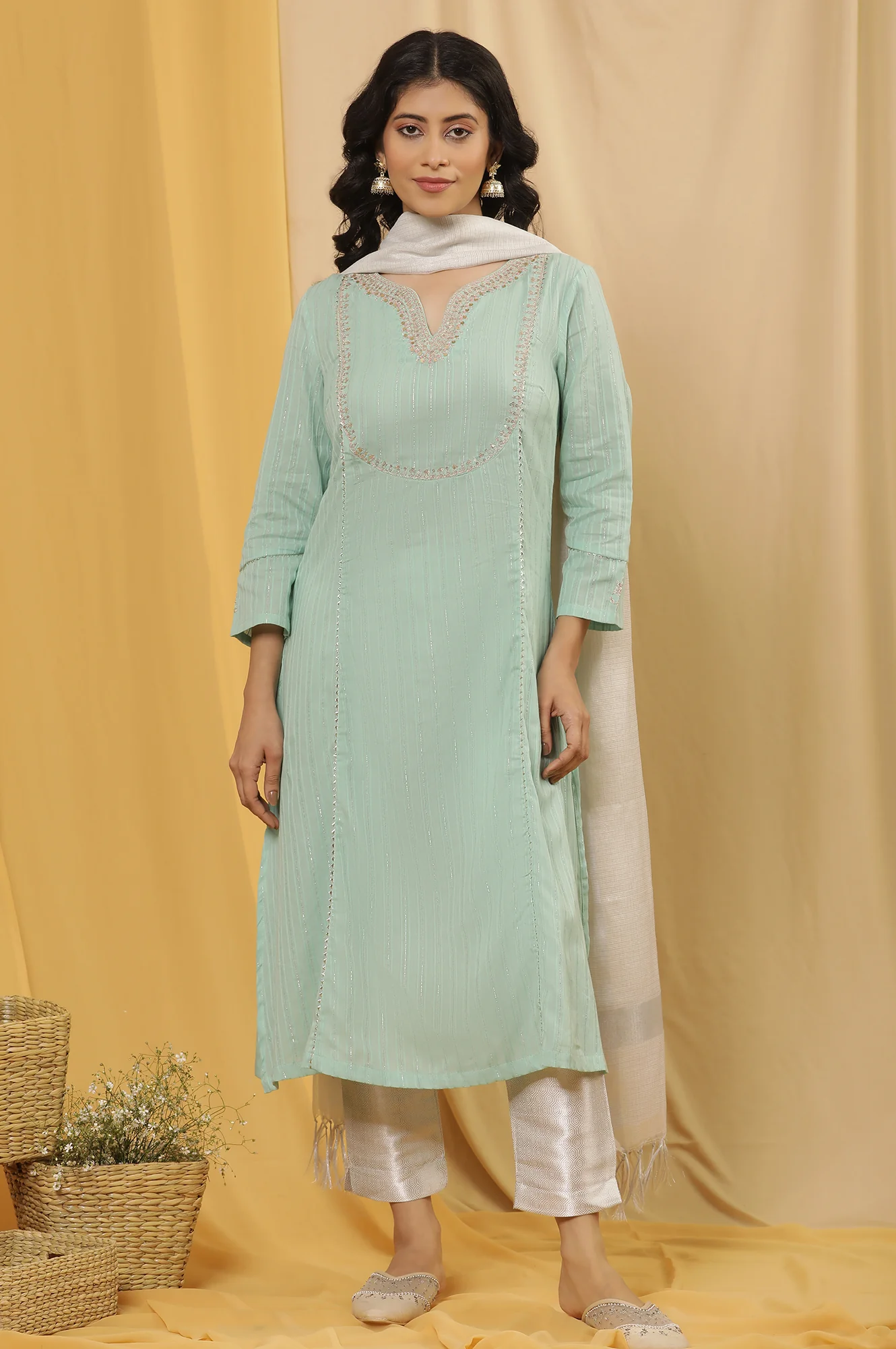 Blue Flared Embroidered Kurta, Slim Pants And Dupatta Set - Image 2