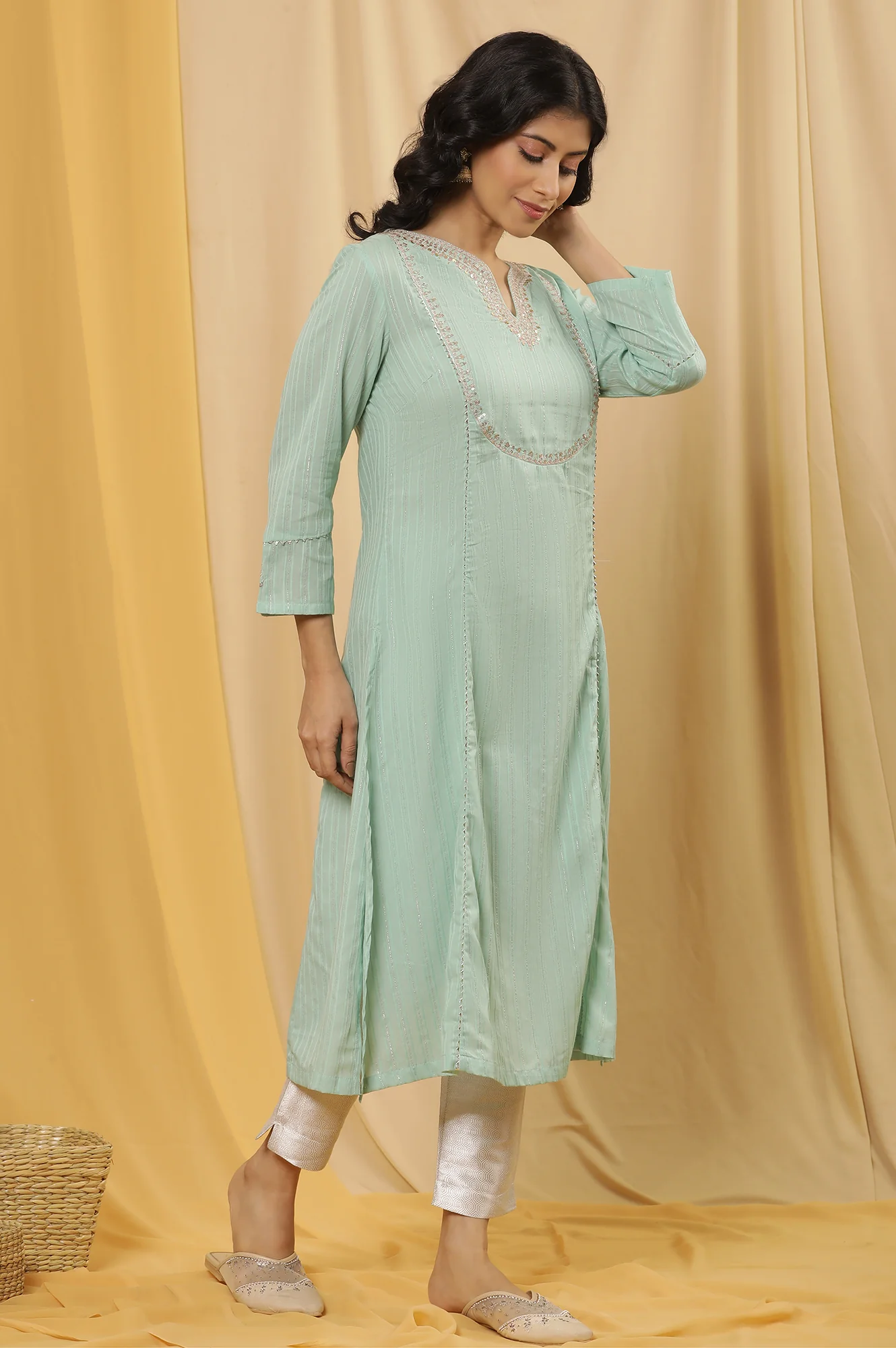 Blue Flared Embroidered Kurta, Slim Pants And Dupatta Set - Image 5