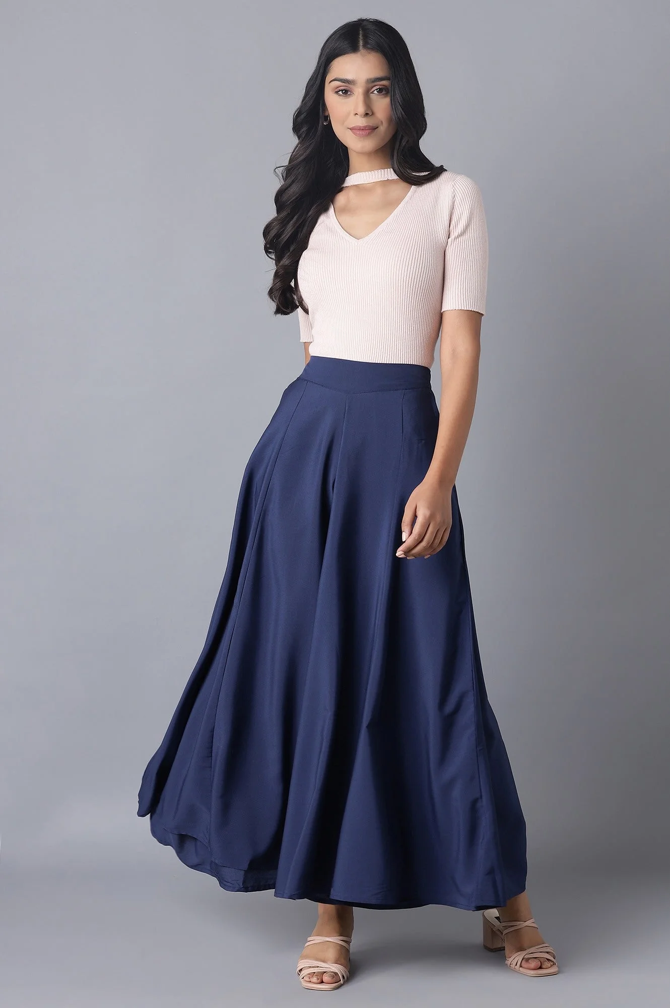 Blue Solid Flared Woven Palazzo with Elasticated Waist - Image 5