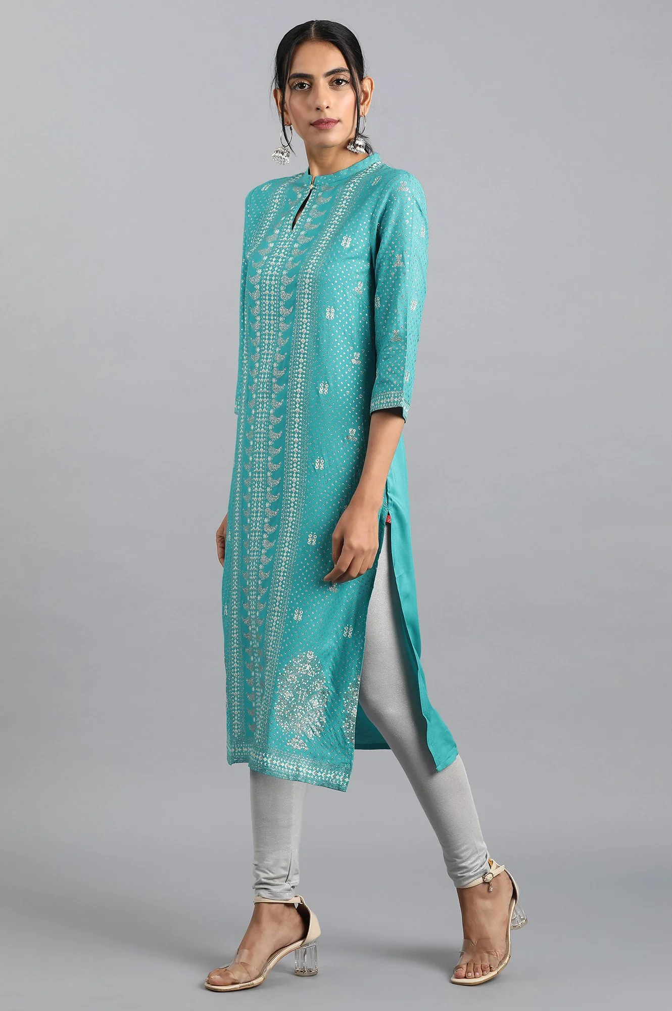 Blue Glitter Printed Keyhole Neck Straight Kurta - Image 3