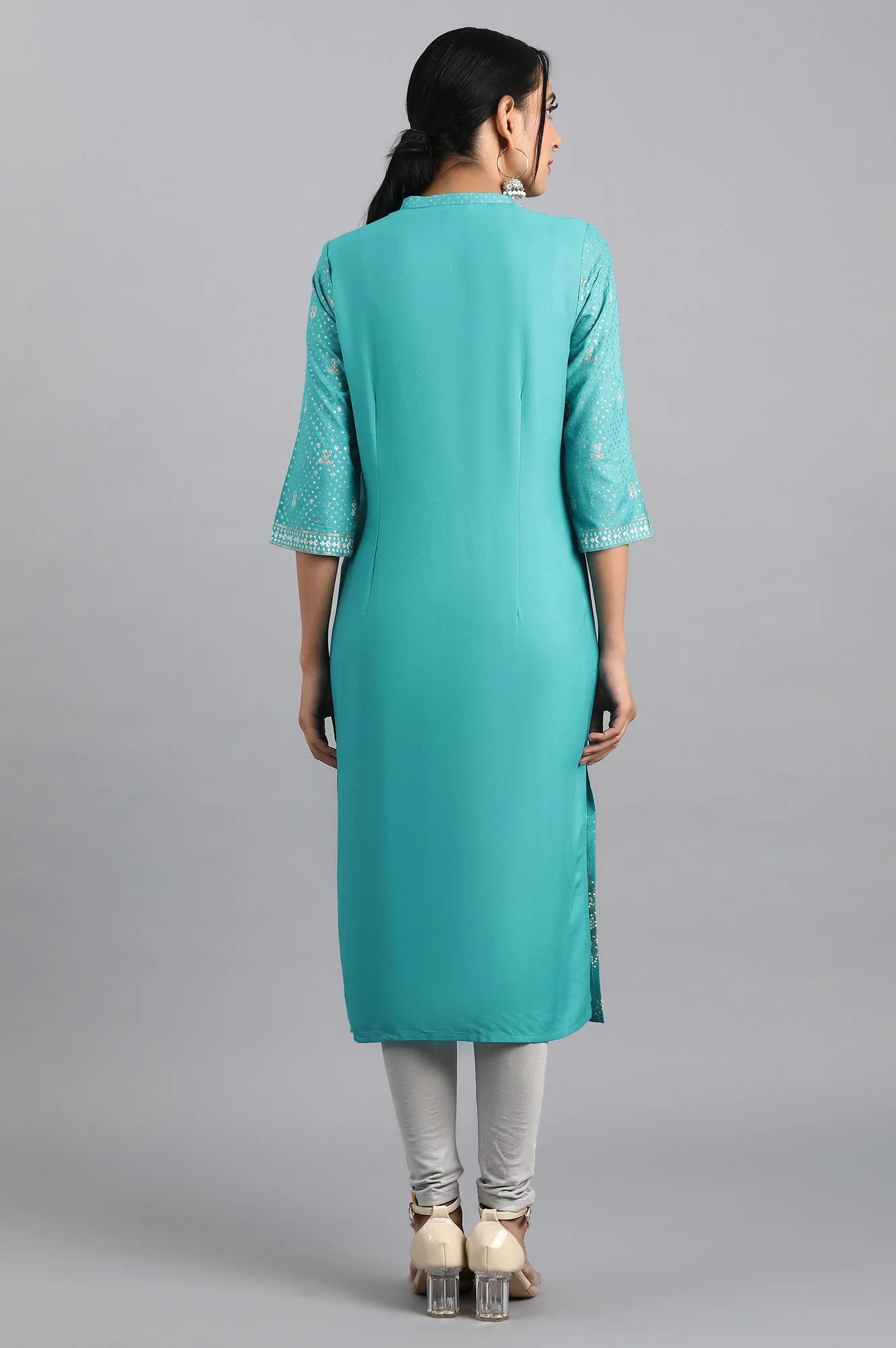 Blue Glitter Printed Keyhole Neck Straight Kurta - Image 5