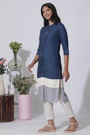Blue & Grey Colour Block Kurta And Pants Set - Image 3