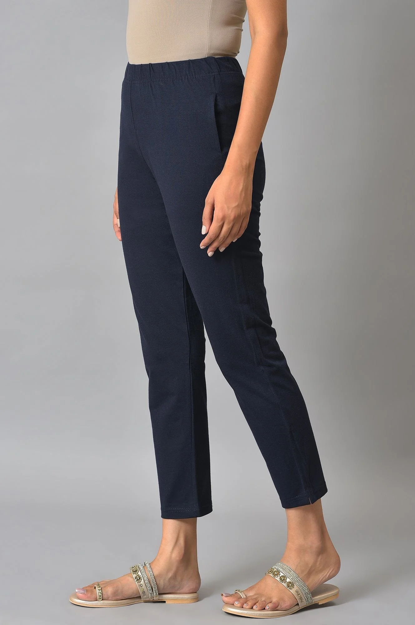 Navy Blue Solid Flared Cotton Pants With Elasticated Waist - Image 3
