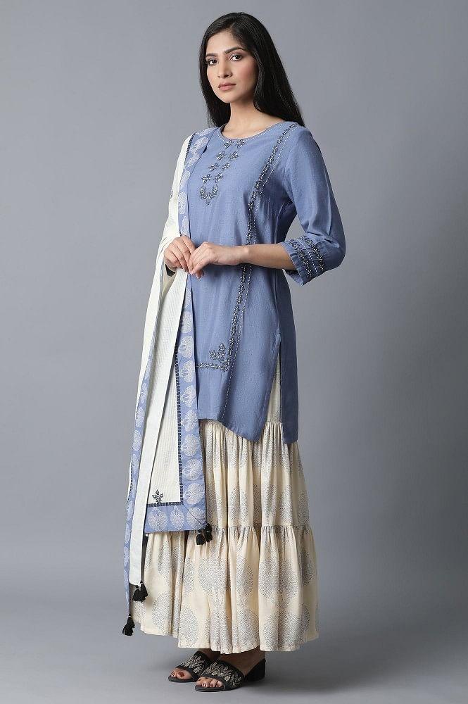 Blue kurta-Printed Sharara-Drape Set - Image 3