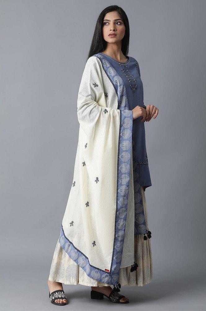 Blue kurta-Printed Sharara-Drape Set - Image 4