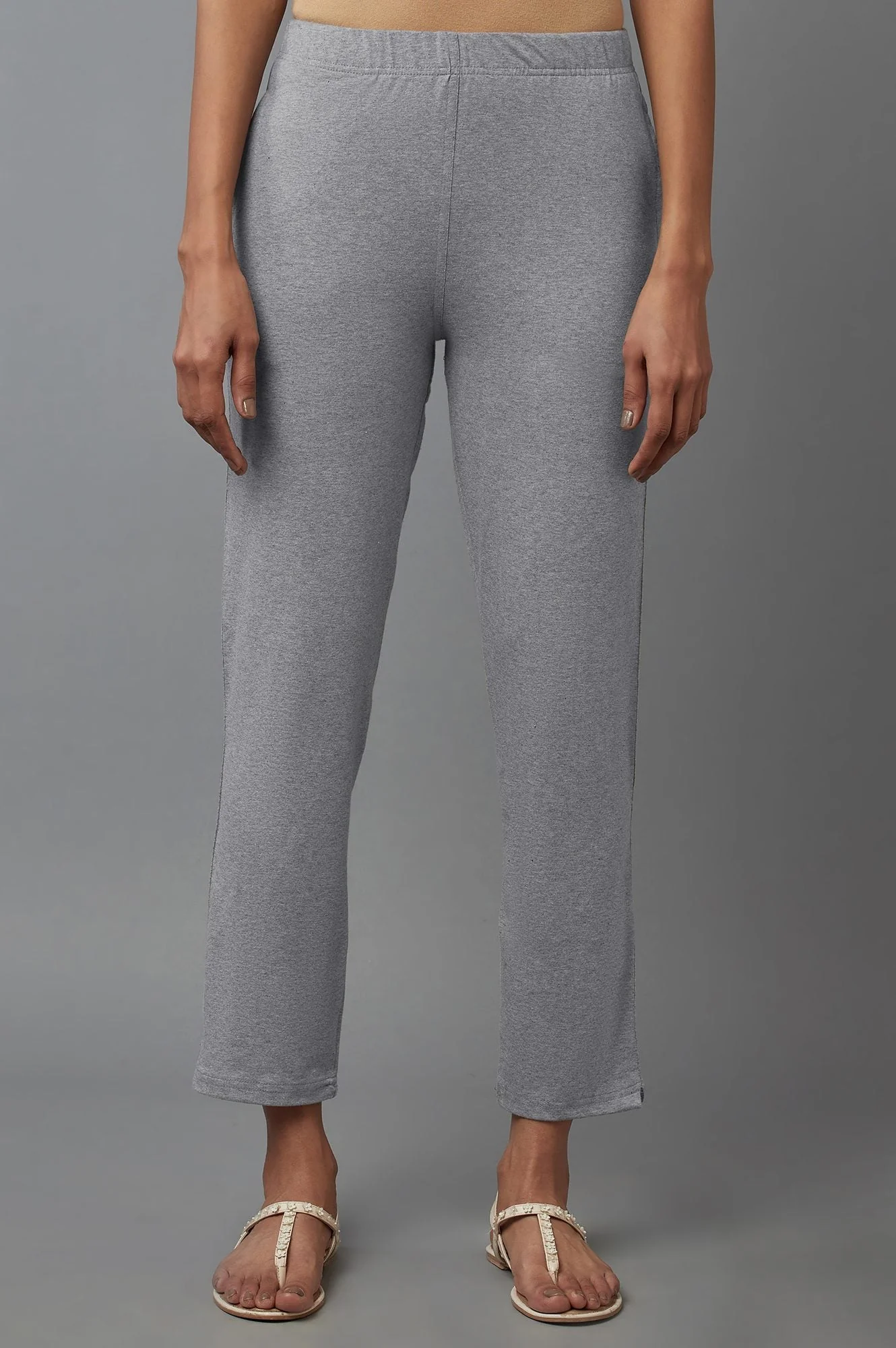 Grey Solid Regular Fit Cotton Pants With Elasticated Waist