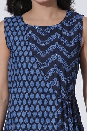 Blue Mock Wrap Printed Flared Kurta And Tights Set - Image 6