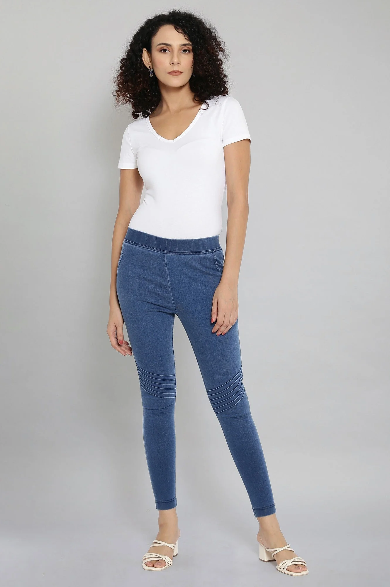 Ice Blue Solid Slim-fit Denim Jeggings with Elasticated Waist - Image 5
