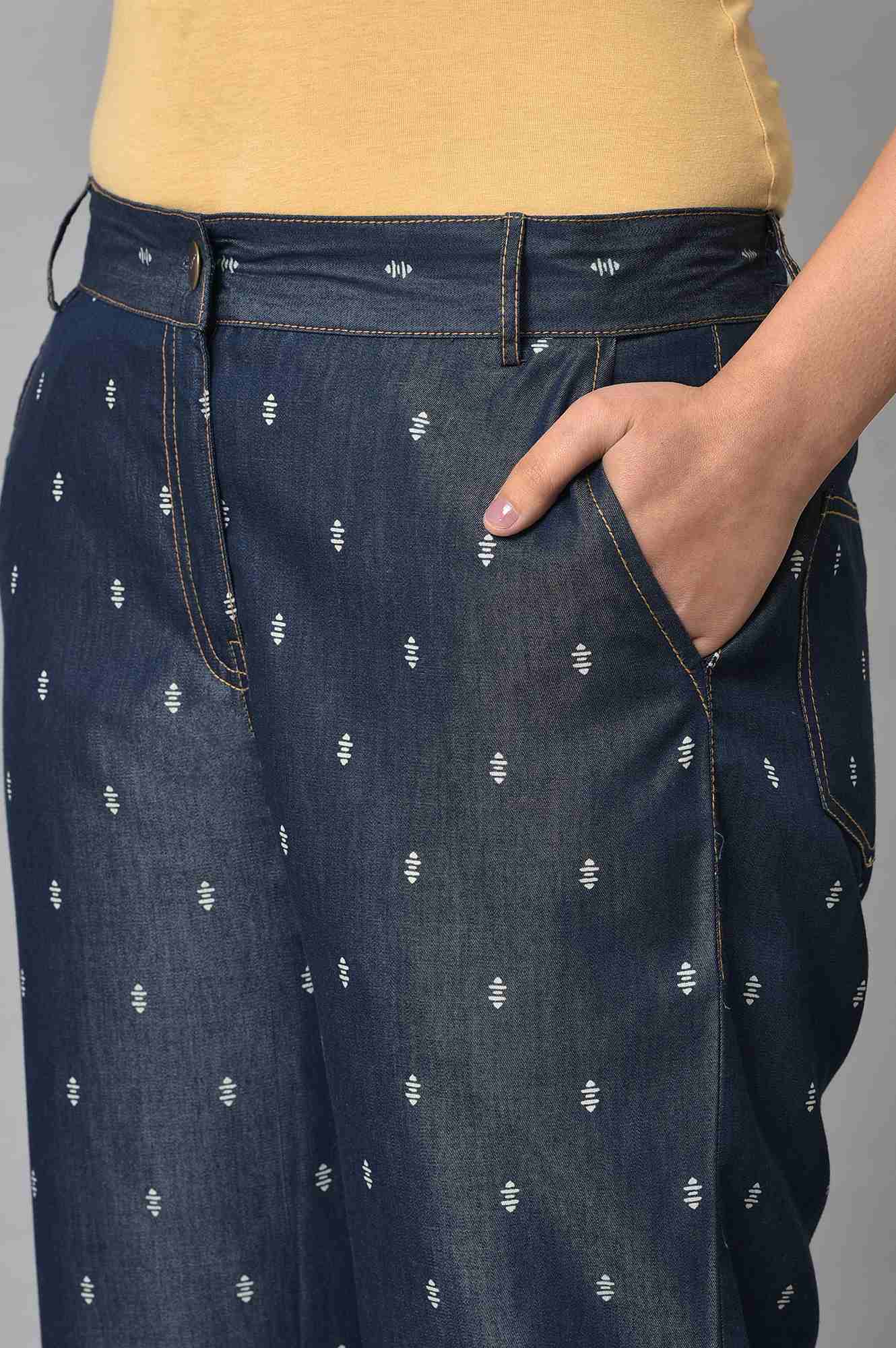 Navy Blue Geometric Printed Straight Fit Denim Pants With Elasticated Waistband - Image 7