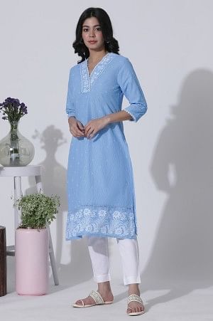 Blue Schiffli Kurta With Overlapping Neckline - Image 3